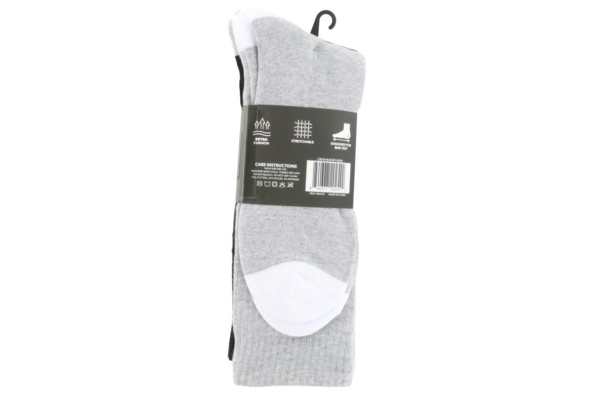 Michael Ellis BIG Crew Socks Black/Grey 3 Pack - Wide Comfort Fit Men's Athletic Socks for Running, Hiking & Everyday Wear