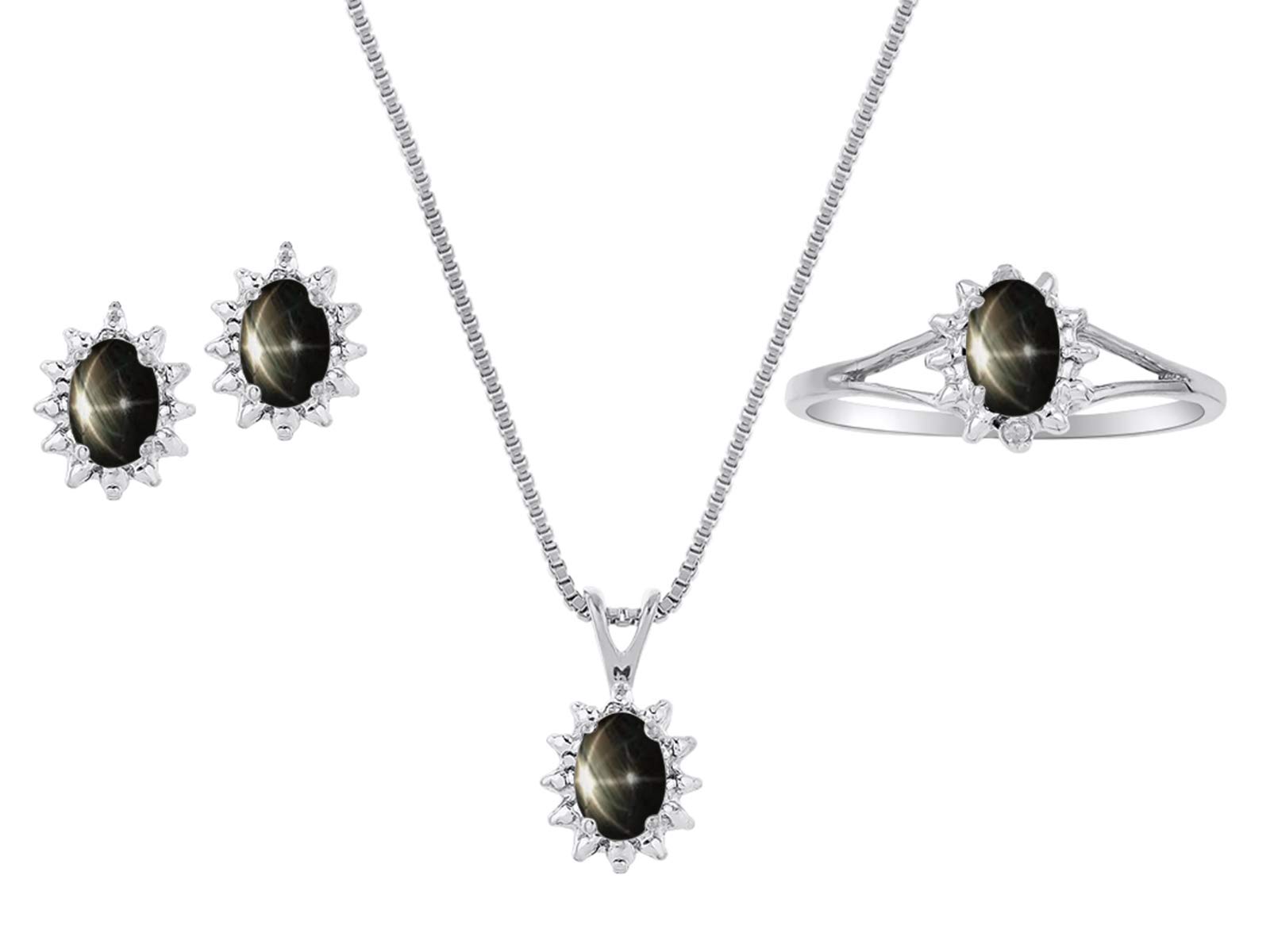 Black Star Sapphire & Diamond Jewelry Set - Sterling Silver .925 Pendant, Earrings & Ring with Chain & Gift Box | Elegant Gift for Women, Anniversary & Special Occasions