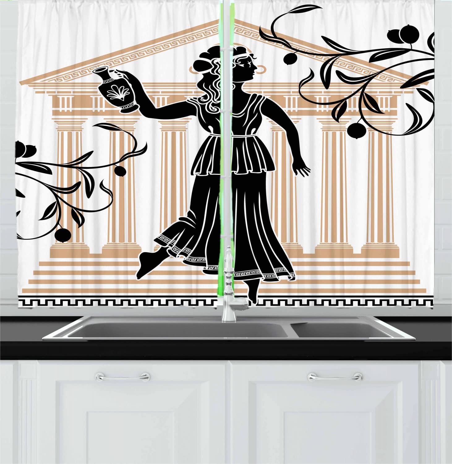 Ambesonne Retro Long Kitchen Curtains - Greek Woman with Amphora & Olive Branches Folk Pattern, 2 Panel Drapes with Rod Pocket, 55x45 Inches, Sand Brown Black - Perfect for Mediterranean Style Kitchens, Dining Rooms & Farmhouse Decor