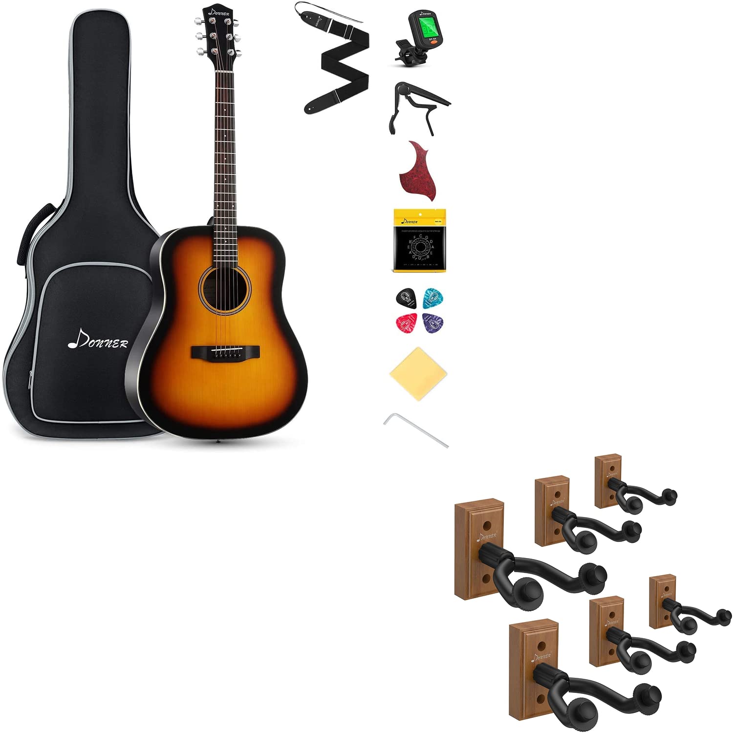 **Donner Full Size Acoustic Guitar for Beginners & Adults with 6-Pack Wall Mount Hangers – Perfect for Home, Studio & Stage Performances**
