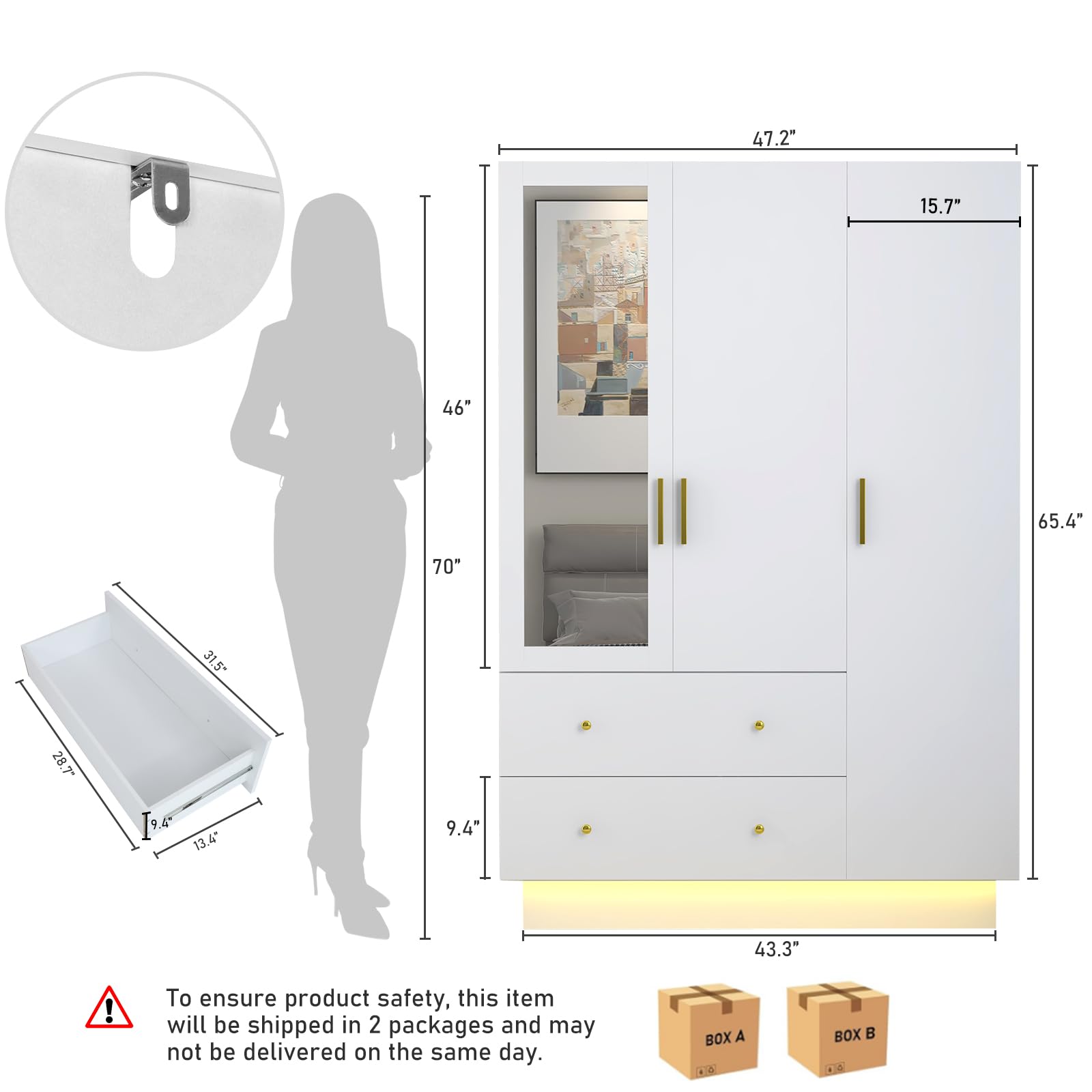 3 Door Wardrobe Closet with Mirror & LED Lights - Modern Wooden Armoire with Drawers, Shelves & Hanging Rod - White Bedroom Storage Solution for Clothes, Shoes & Accessories | Perfect for Master Bedroom, Guest Room & Dorm Organization