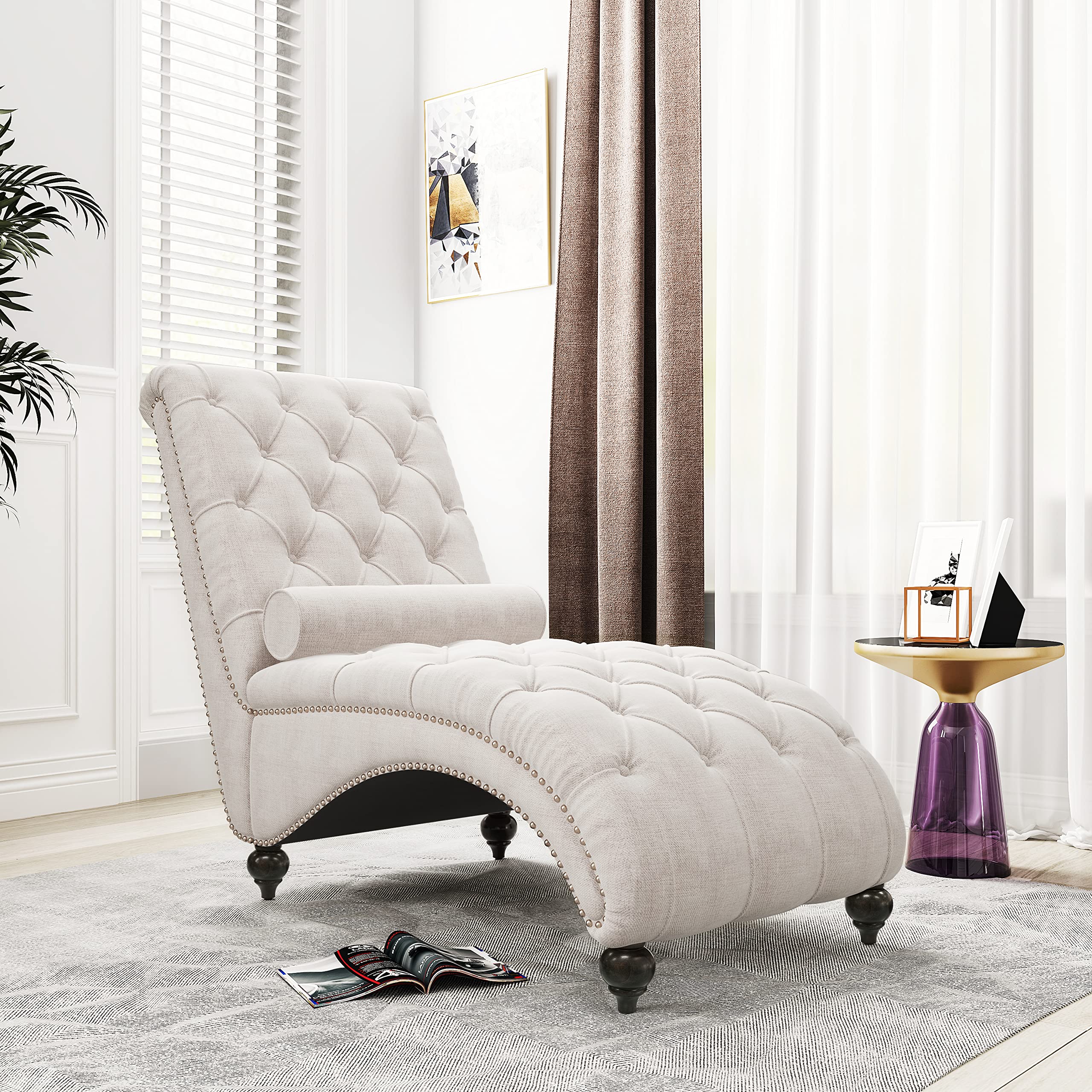 Homvent Tufted Leather Chaise Lounge Chair - Modern Indoor Lounge Chair with Button Tufting for Living Room, Office, or Bedroom - Perfect for Relaxing, Reading & Napping (Beige)