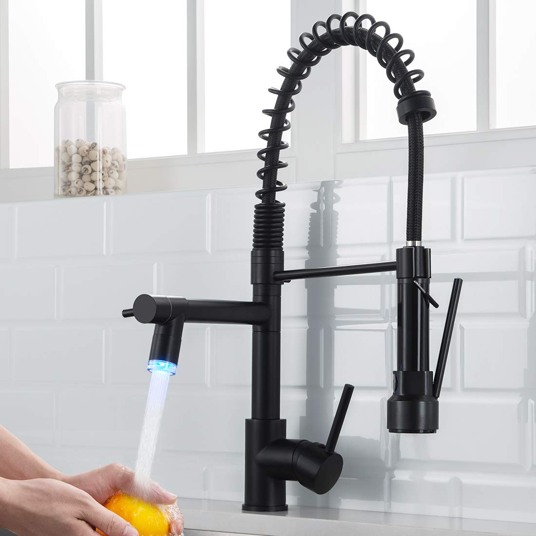 Commercial Black Kitchen Faucet with Pull Down Sprayer & LED Light - Single Handle High Arc Brushed Nickel Sink Faucet for Restaurant, Bar, and Home Kitchen Use
