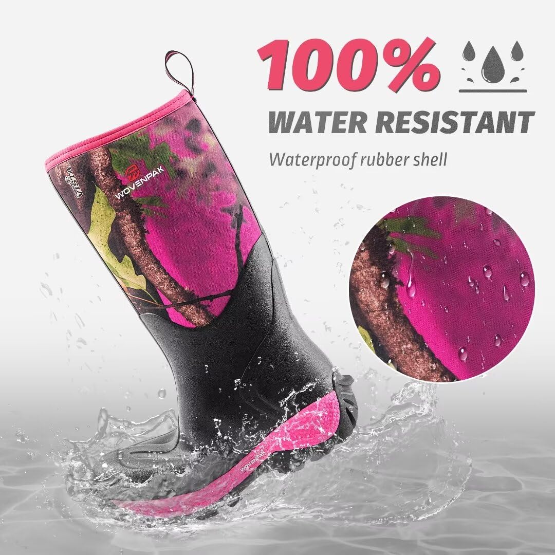 **WOVENPAK Women's Waterproof Rubber Boots – Insulated Neoprene Rain & Hunting Boots for Gardening, Farming, Outdoor Work – All-Season Comfort (Sizes 6-11) – Perfect for Wet Weather, Muddy Trails & Farm Chores**