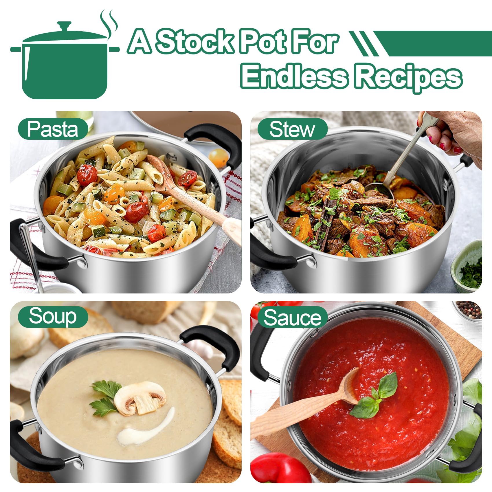 **TeamFar 6 Quart Stainless Steel Stock Pot with Lid – Pasta & Soup Cooking Pot, Double Bakelite Heat-Resistant Handles, Tempered Glass Lid – Dishwasher Safe, Non-Toxic, Easy Clean – Perfect for Home Cooking, Meal Prep & Large Gatherings**