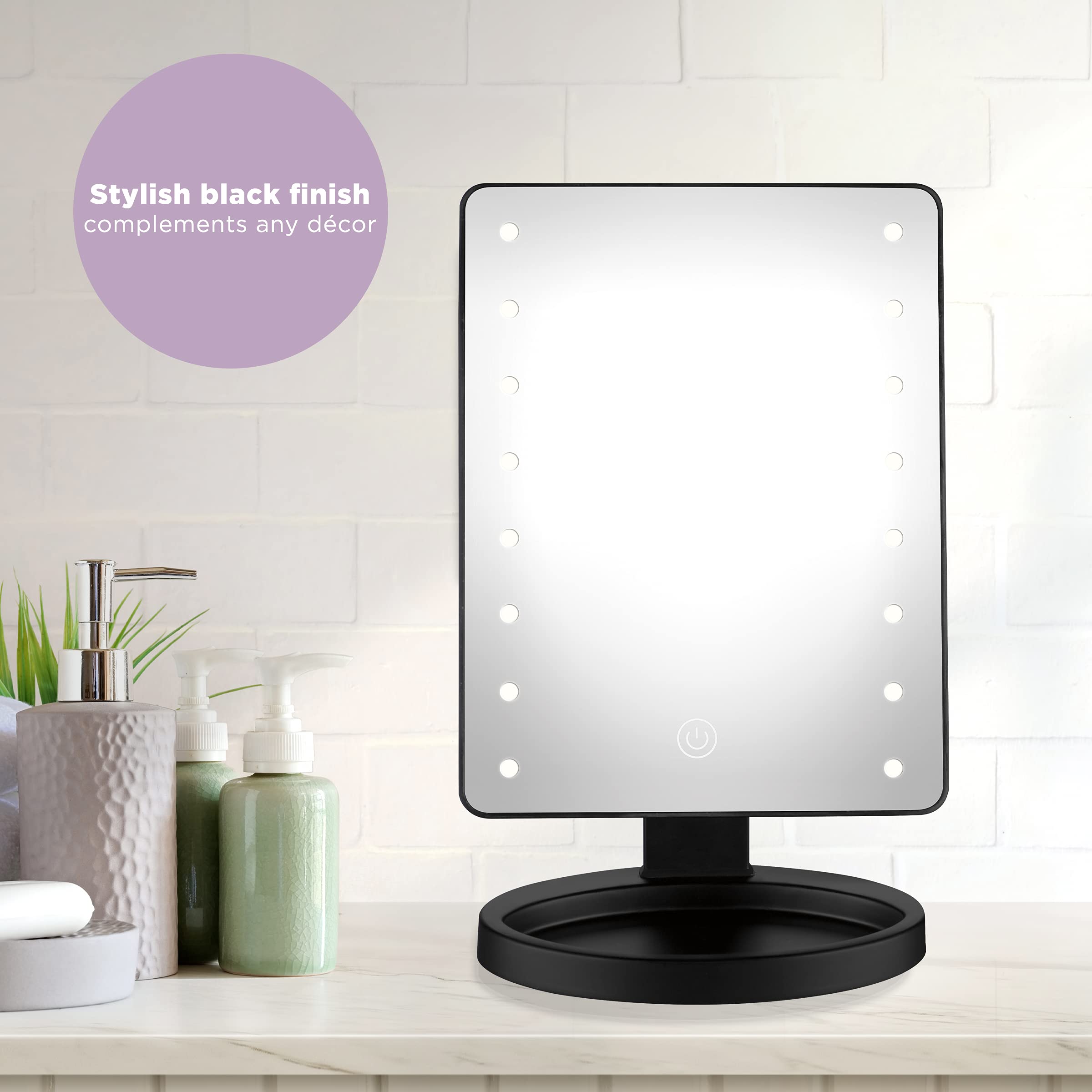 Conair Lighted Makeup Mirror with LED Lights & Storage Base - Battery Operated Black Vanity Mirror for Bedroom, Bathroom & Dressing Room