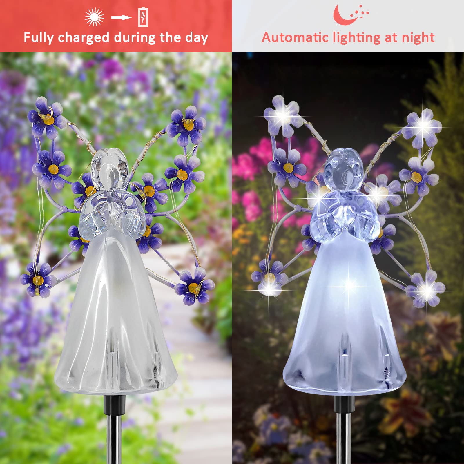 Solar Powered LED Angel Garden Lights - Waterproof Outdoor Solar Stake Lights for Pathway, Patio, Yard, Lawn, Grave & Cemetery Decor - Memorial Sympathy Gift (Purple) | Perfect for Landscape Lighting, Nighttime Safety & Decorative Ambiance