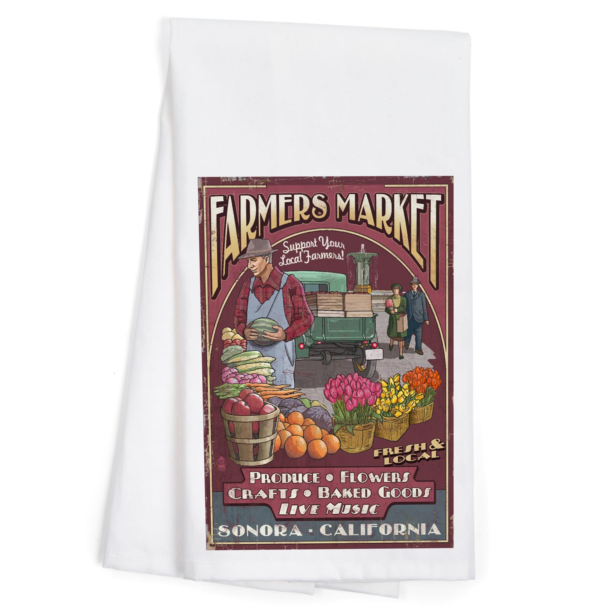 100% Cotton Tea Towel Set - Decorative Hand Towel for Kitchen & Home - Sonora California Farmers Market Design - Perfect for Drying Dishes, Gift Giving & Farmhouse Decor