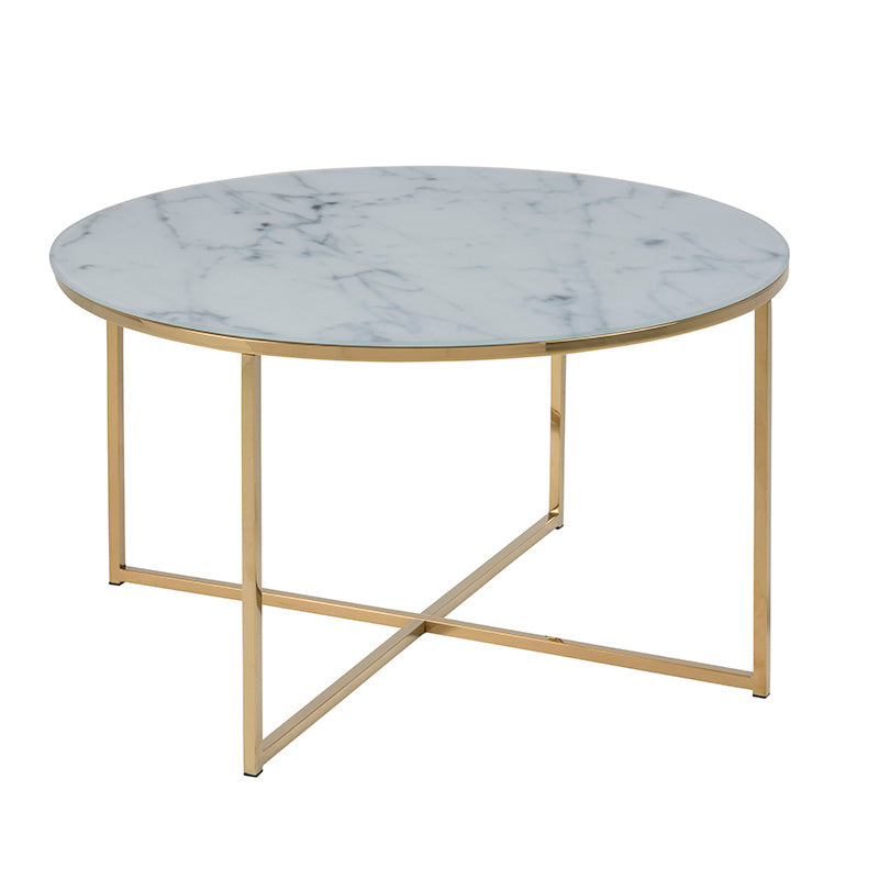 KOLINA 80cm Glass Marble Round Coffee Table - Modern White & Gold Chrome Finish | Perfect for Living Room, Lounge & Office Decor