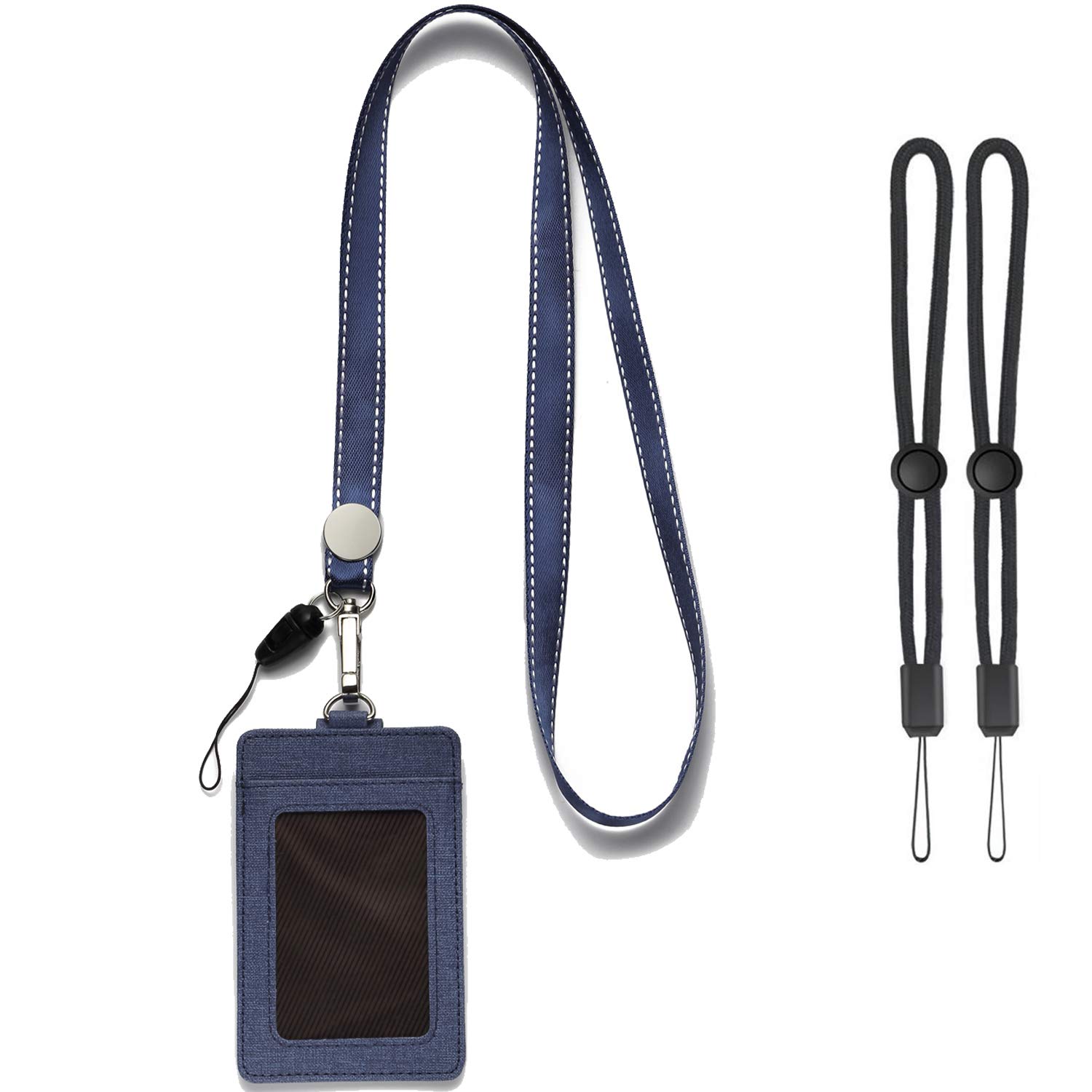 YOUOWO Adjustable Neck Lanyard with PU Leather ID Badge Holder - 2-Sided Vertical Design, 1 Window & 2 Card Slots for Office & Events (Deep Blue)