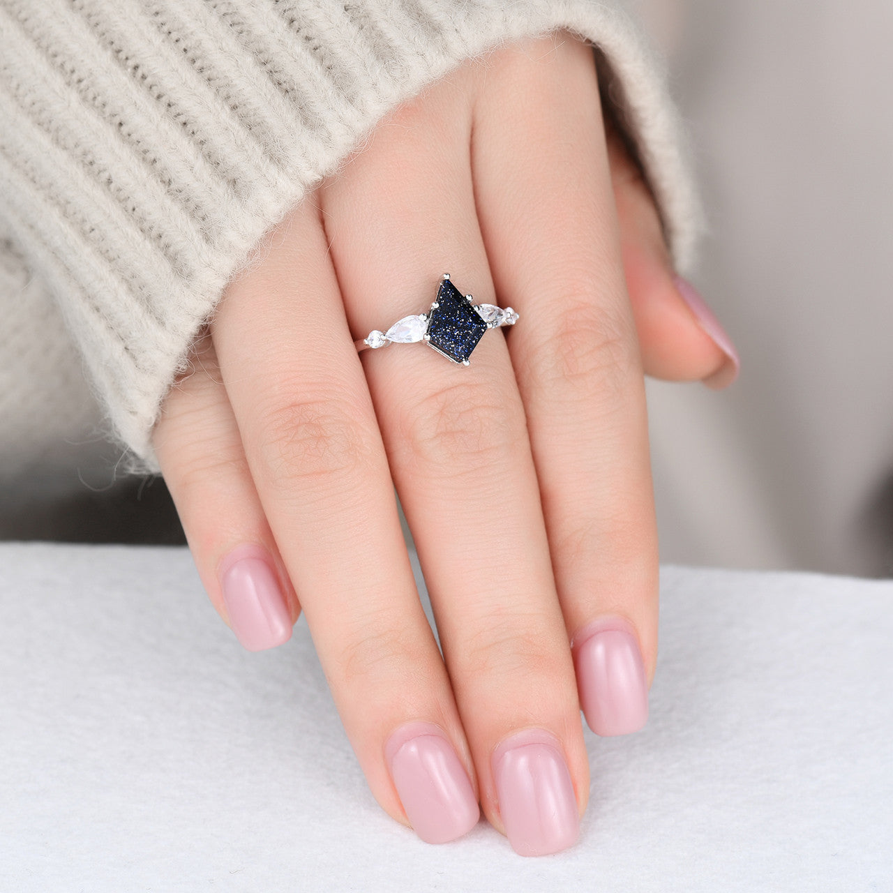 10x7mm Kite Cut Blue Sandstone Engagement Ring - Pear & Round Cut Moissanite in 14K White Gold - Perfect for Proposals, Anniversaries & Wedding Jewelry Gifts