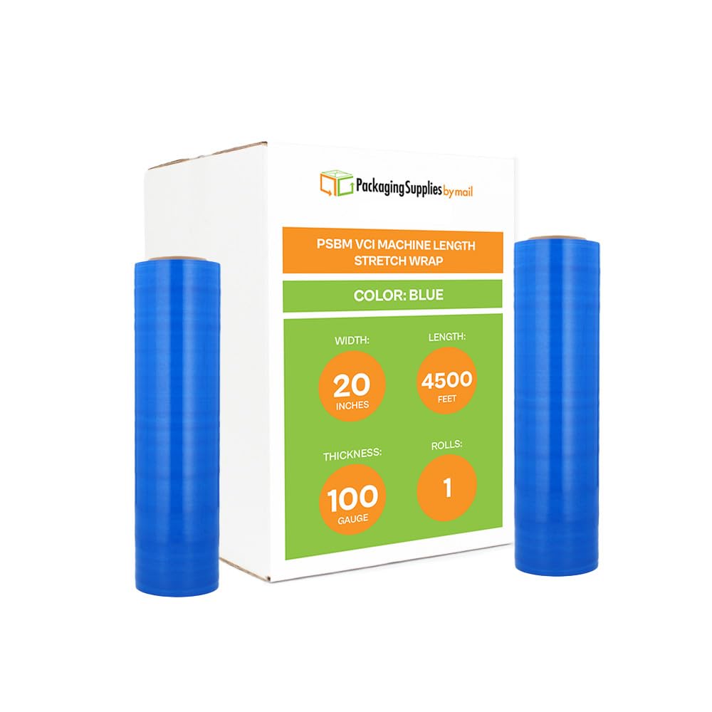 PSBM VCI Machine Stretch Wrap - 20 Inch x 4500 Feet, 100 Gauge Blue Plastic Cling Film with Corrosion Inhibitor Technology (1 Pack) - Ideal for Industrial Equipment Storage & Metal Parts Protection