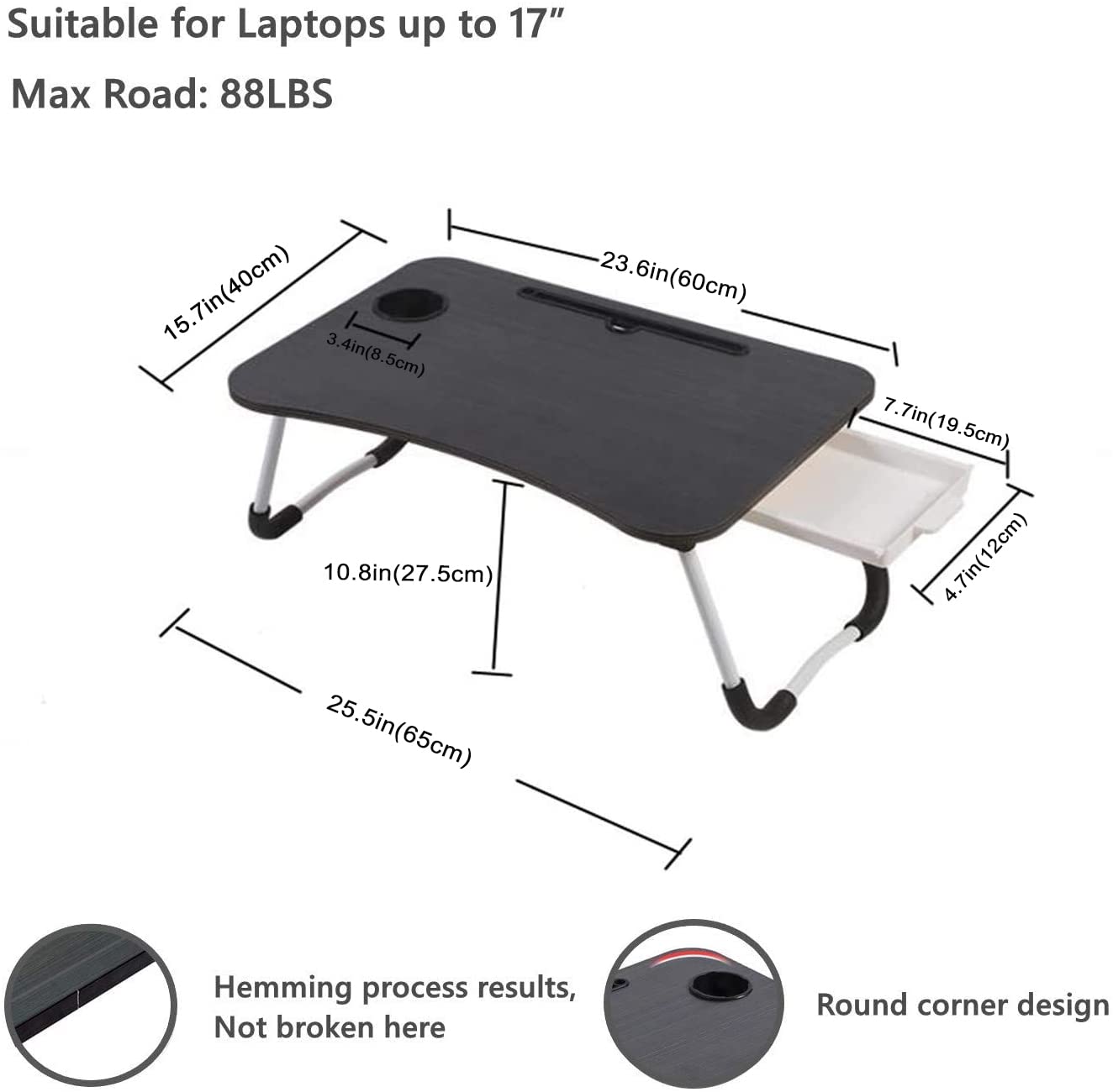 EAQ Foldable Laptop Bed Tray Table with Cup Holder, Storage Drawer & Bookshelf - Portable Work Desk for Bed, Couch or Sofa - Perfect for Working, Reading, Eating or Watching Movies in Bed (Black)