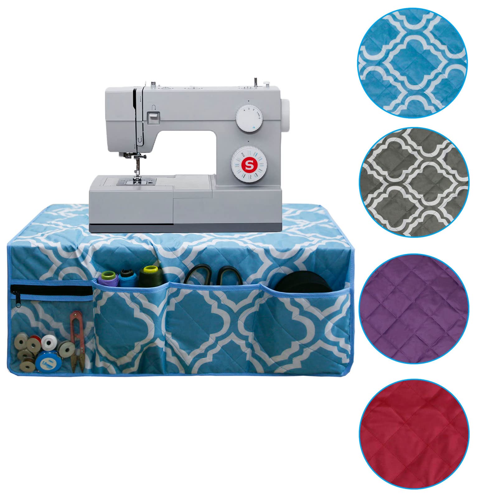 Non-Slip Sewing Machine Pad with 4 Storage Pockets & Dust Cover - Grey Patterned Work Table Protector for Quilting, Crafting & Sewing Projects | Machine Accessories Organizer for Home & Studio Use