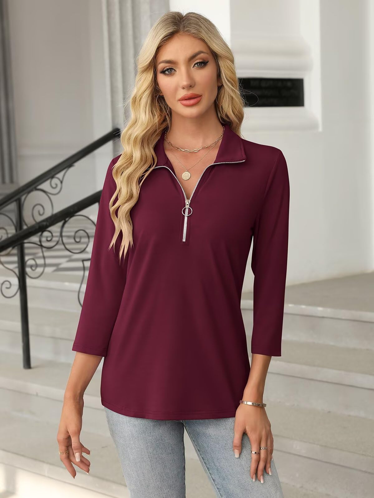 Women's 3/4 Sleeve V-Neck Polo Shirts with Zipper & Color Block Design - Casual Office Wear & Outdoor Activities