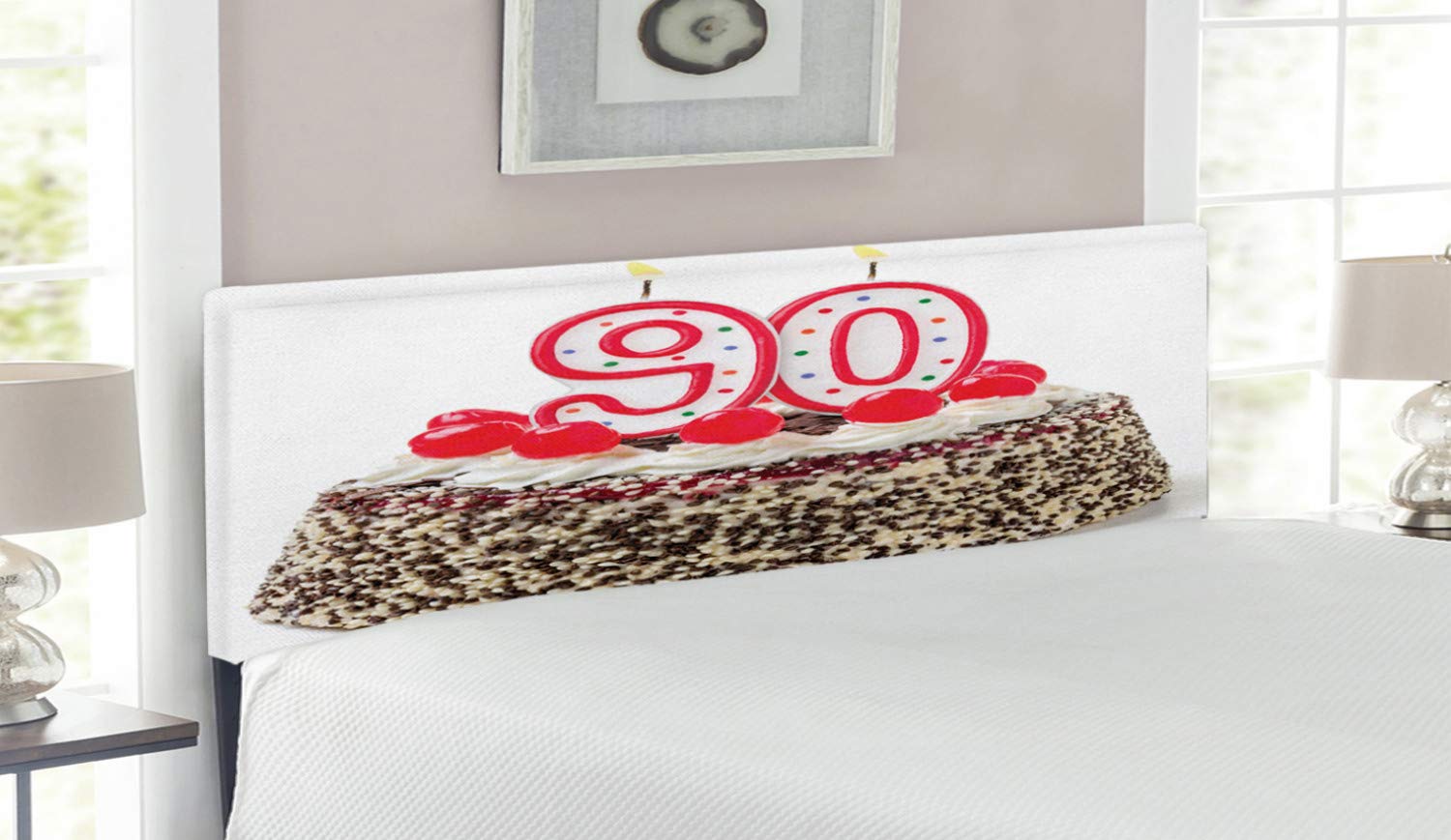 Ambesonne 90th Birthday Headboard - Queen Size Upholstered Metal Bed Frame with Memory Foam, Decorative Cake Design Featuring Tasty Cherries & Candles in Red, Brown & White | Perfect for Milestone Celebrations & Vintage Bedroom Decor