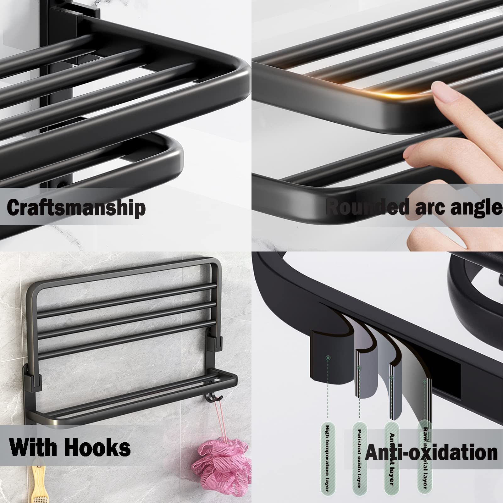 BOZWELL 24-inch Matte Black Bathroom Towel Rack with Double Bars & Hooks - Wall Mounted Towel Holder Shelf for Bath, Kitchen, Laundry Room - Space Saving Storage Solution for Hand Towels & Washcloths