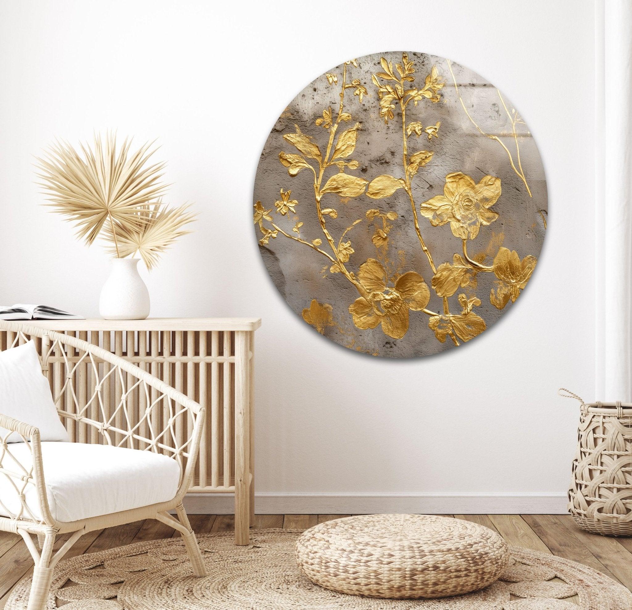 Abstract Gold Flowers Glass Wall Art - Modern Home Decor for Living Room, Bedroom, Office - Elegant Handmade Glass Painting for Wall Display
