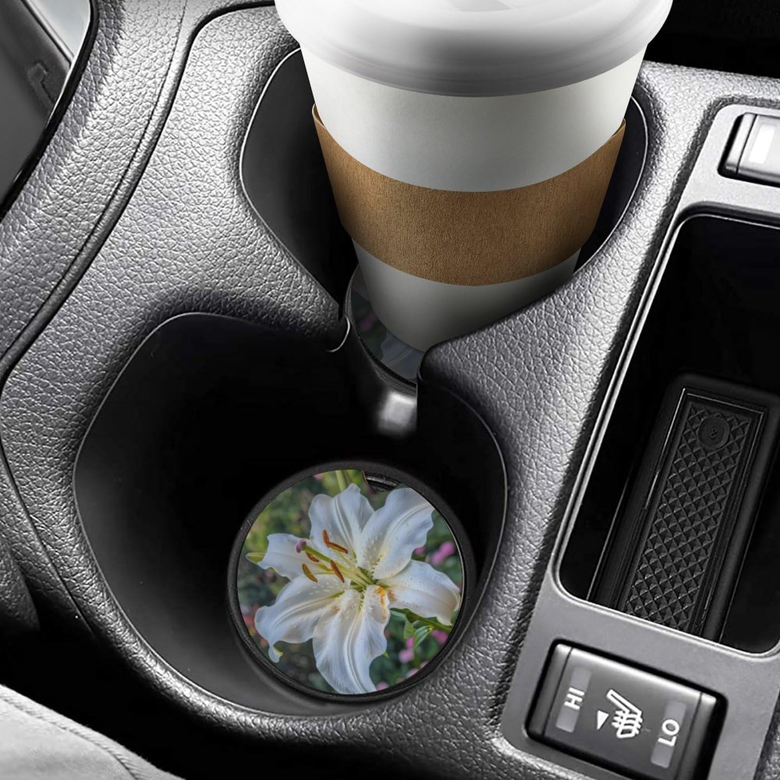 White Lily Flower Car Coasters for Cup Holders - 4 Pack Cork Drink Coasters with Non-Slip Base, Car Accessories for Coffee, Tea & Beverages - Perfect for Cars, Trucks & SUVs