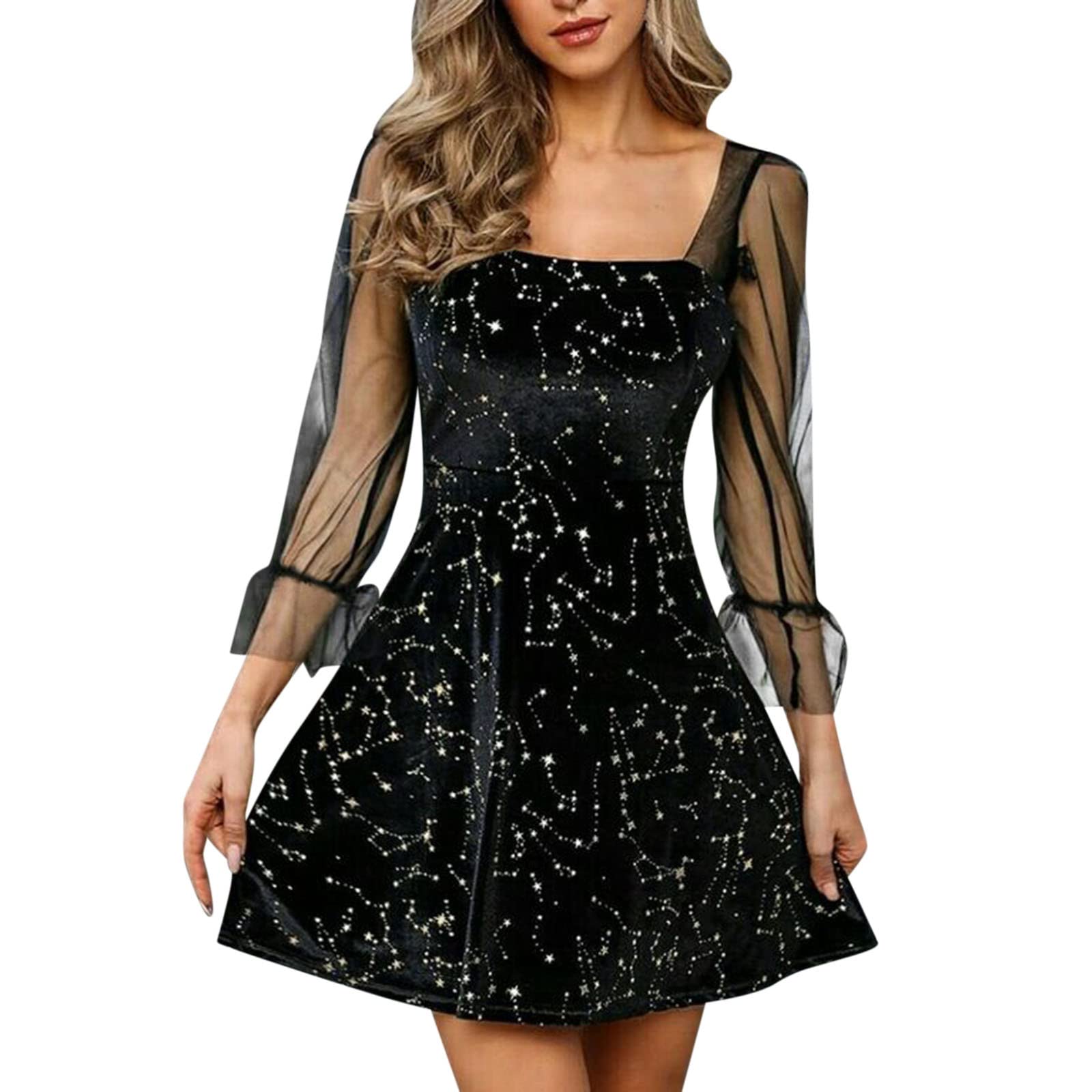 Elegant Women's Spring Lace Dress Long Sleeve Velvet Trim Mesh Fashion Dress for Party, Date Night & Special Occasions