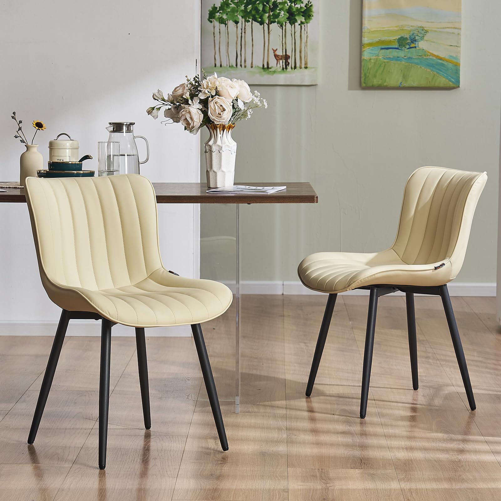 YOUNUOKE Beige Dining Chairs Set of 2 - Mid Century Modern Upholstered Kitchen Chairs with Faux Leather & Metal Legs - Armless Side Chairs for Dining Room, Living Room & Kitchen Decor