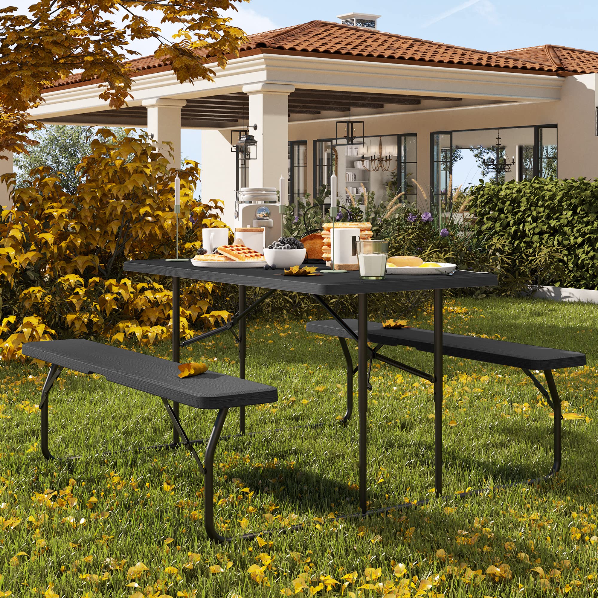 YITAHOME Folding Picnic Table with Benches - Easy Assembly Steel Frame & Wood-Like Tabletop, All-Weather Outdoor Dining Set for Yard, Patio, Lawn, Camping, BBQ Party - Black