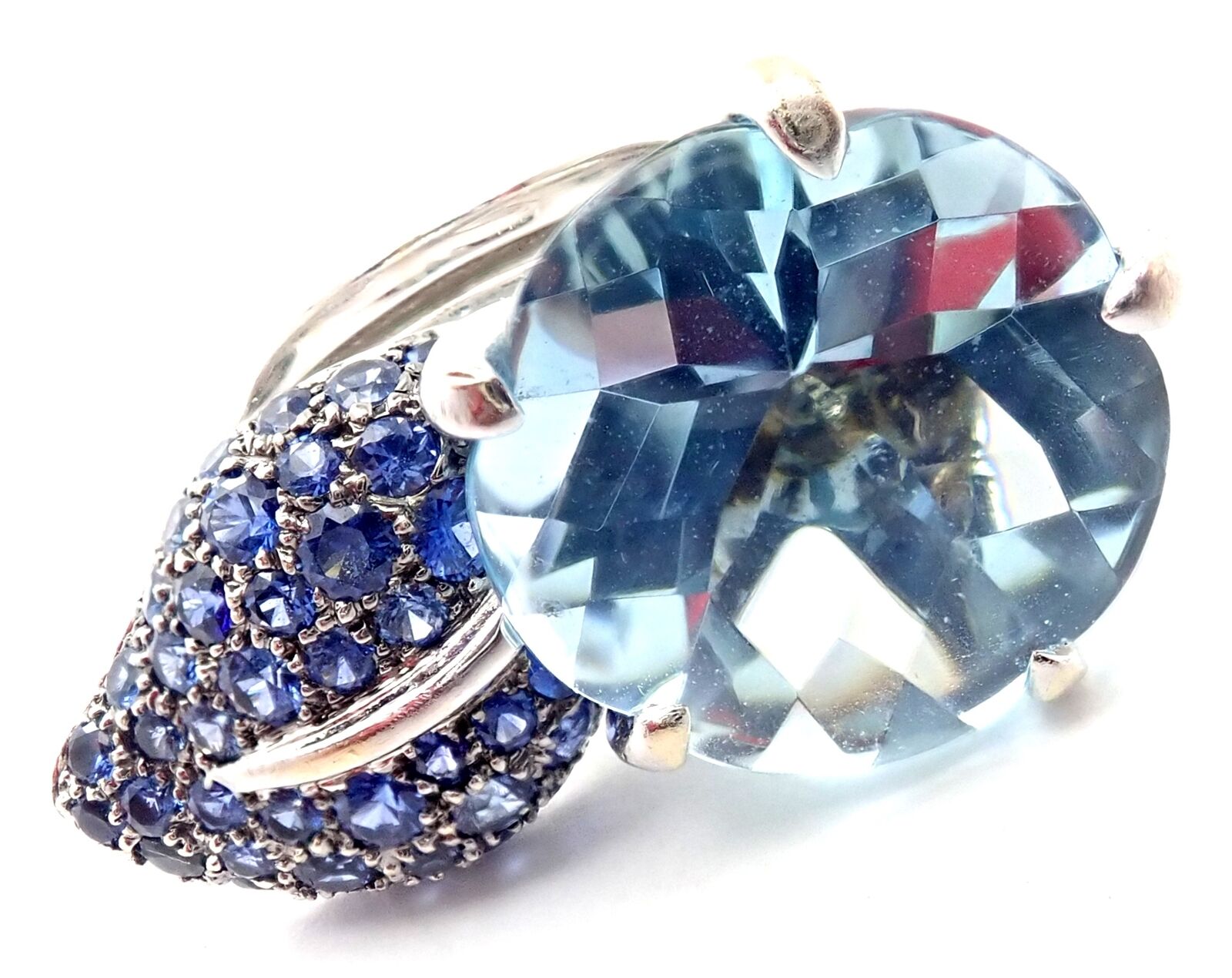 Authentic Chanel Camellia Flower 18k White Gold Ring with Aquamarine & Sapphire Gemstones - Luxury Jewelry for Women, Perfect for Weddings, Anniversaries & Special Occasions