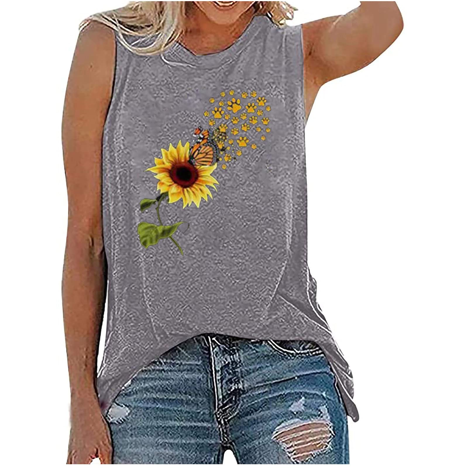 Trendy Women's Summer Tank Tops - Cute Sunflower Print Sleeveless Blouse, Casual Loose Fit Plus Size Tee for Beach, Vacation & Everyday Wear