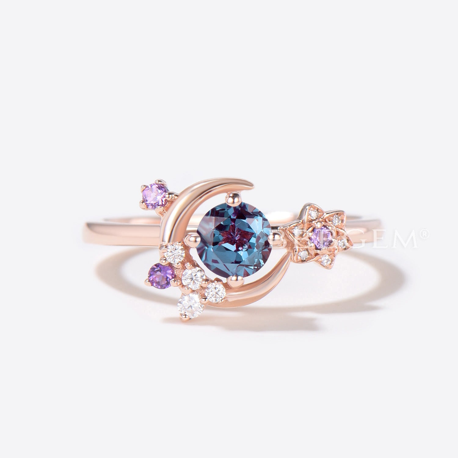 Moon Engagement Ring - Round Alexandrite & Amethyst Wedding Band for Women | Perfect for Proposals, Anniversaries & Romantic Occasions
