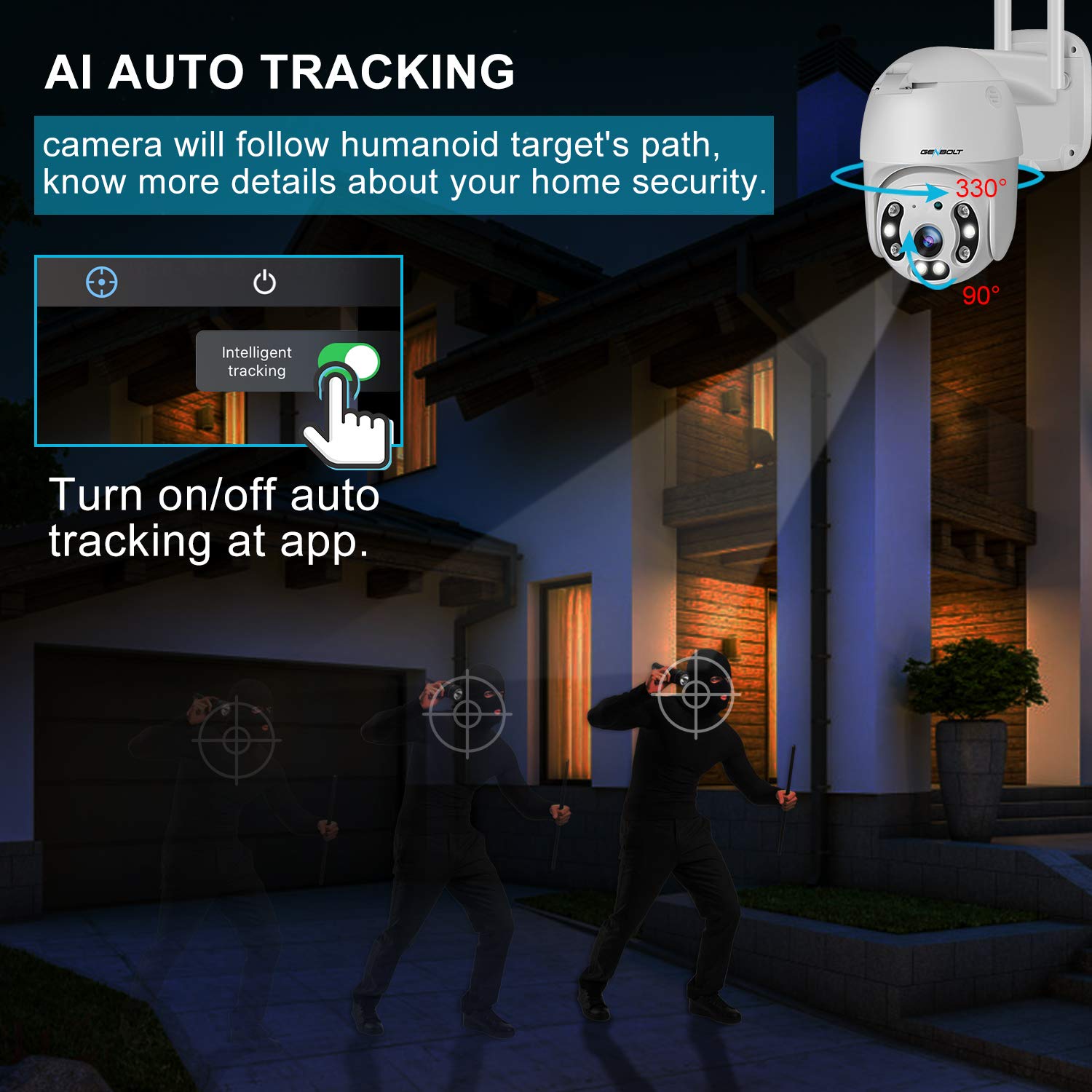 GENBOLT 2.5K Outdoor Security Camera with PoE & Dual WiFi (2.4/5GHz) - Auto Tracking, Human/Vehicle Detection, Pan-Tilt, Siren Alarm - Ideal for Home Surveillance, Business Security & Property Monitoring