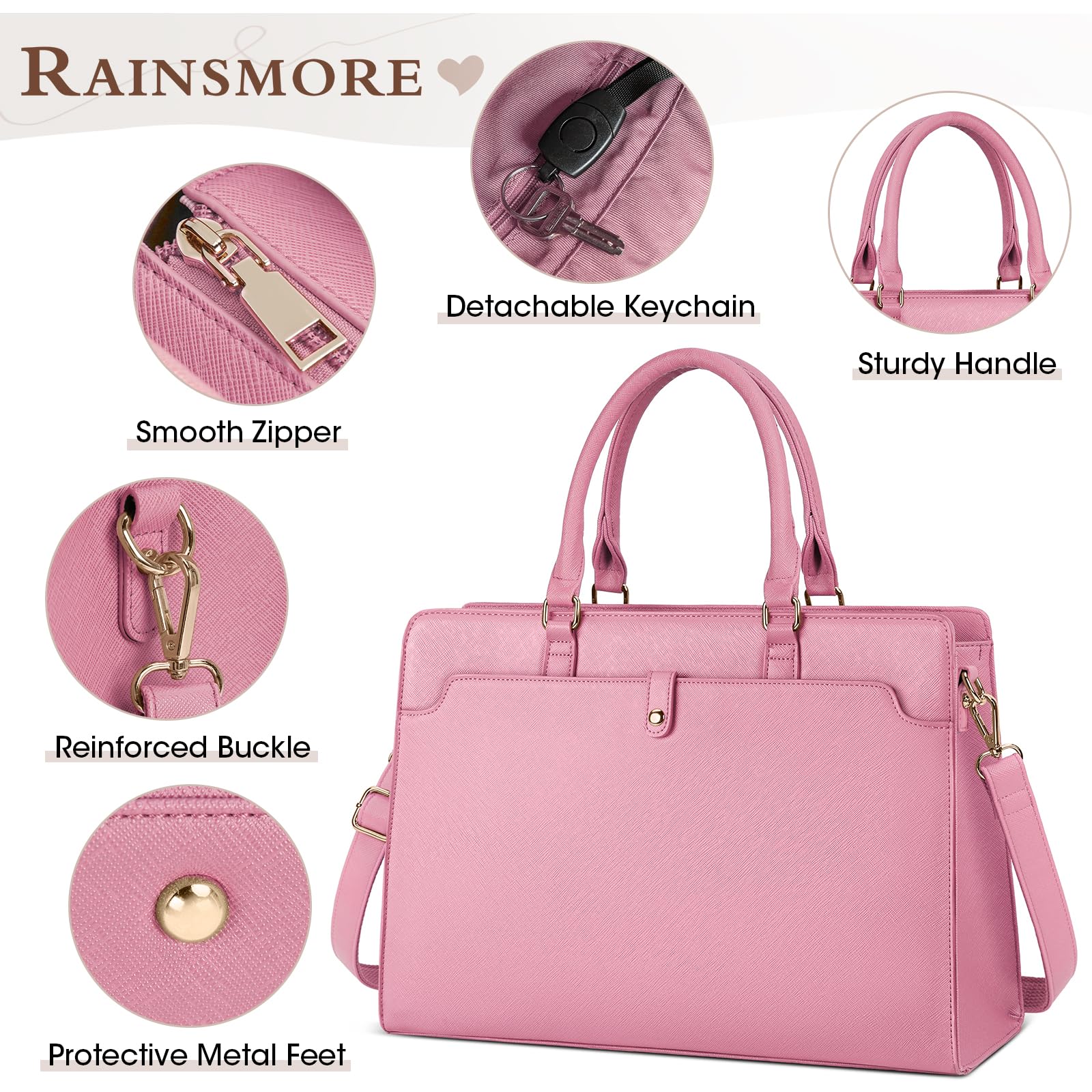 RAINSMORE 15.6 Inch Leather Laptop Tote Bag for Women - Waterproof Work Briefcase, Large Capacity Business Office Computer Bag, Pink Shoulder Handbag for Professionals and Students