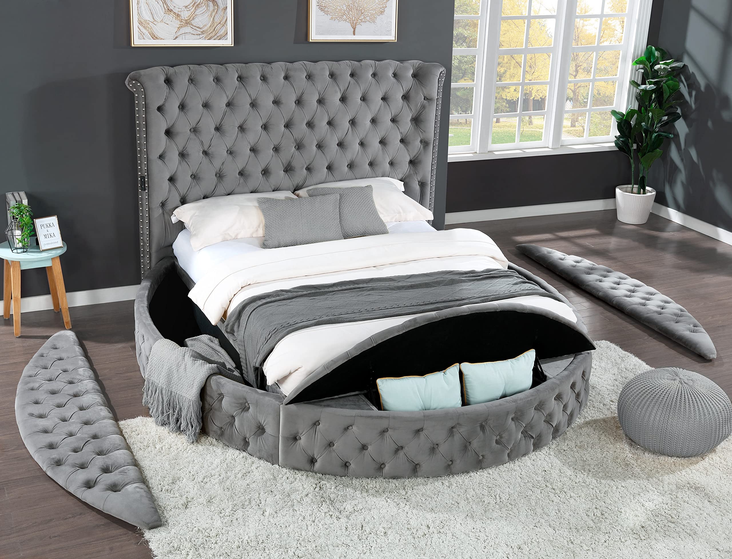 Luxury Velvet Round Bed Frame with Deep Button Tufted Headboard & Storage Compartments - King Size Gray Bed for Master Bedroom | Elegant Bedroom Furniture with Footboard & Side Rail Storage