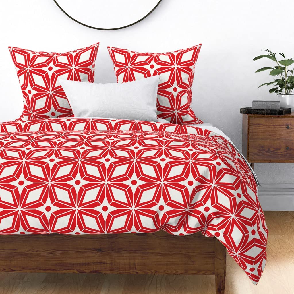 Midcentury Modern Geometric Red Vintage Star Duvet Cover - Full/Queen Size Cotton Sateen Bedding Set | Retro Abstract Diamond Print Custom Design by Spoonflower | Perfect for Boho Chic, Vintage & Modern Bedrooms
