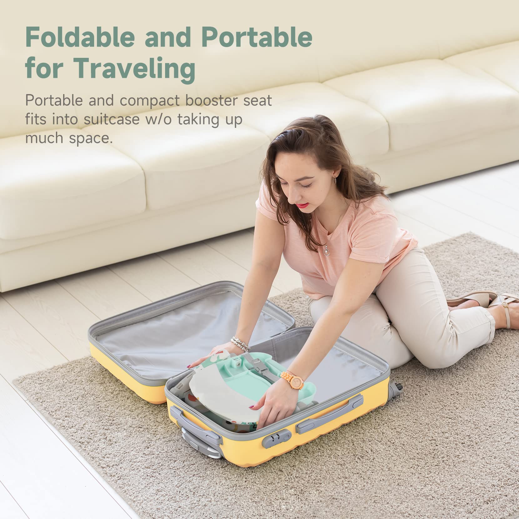 YOLEO Adjustable Baby Booster Seat with Removable Tray - Portable Foldable High Chair for Toddlers & Infants - Easy to Clean Travel Dining Seat for Home, Restaurant & Outdoor Use (Green)