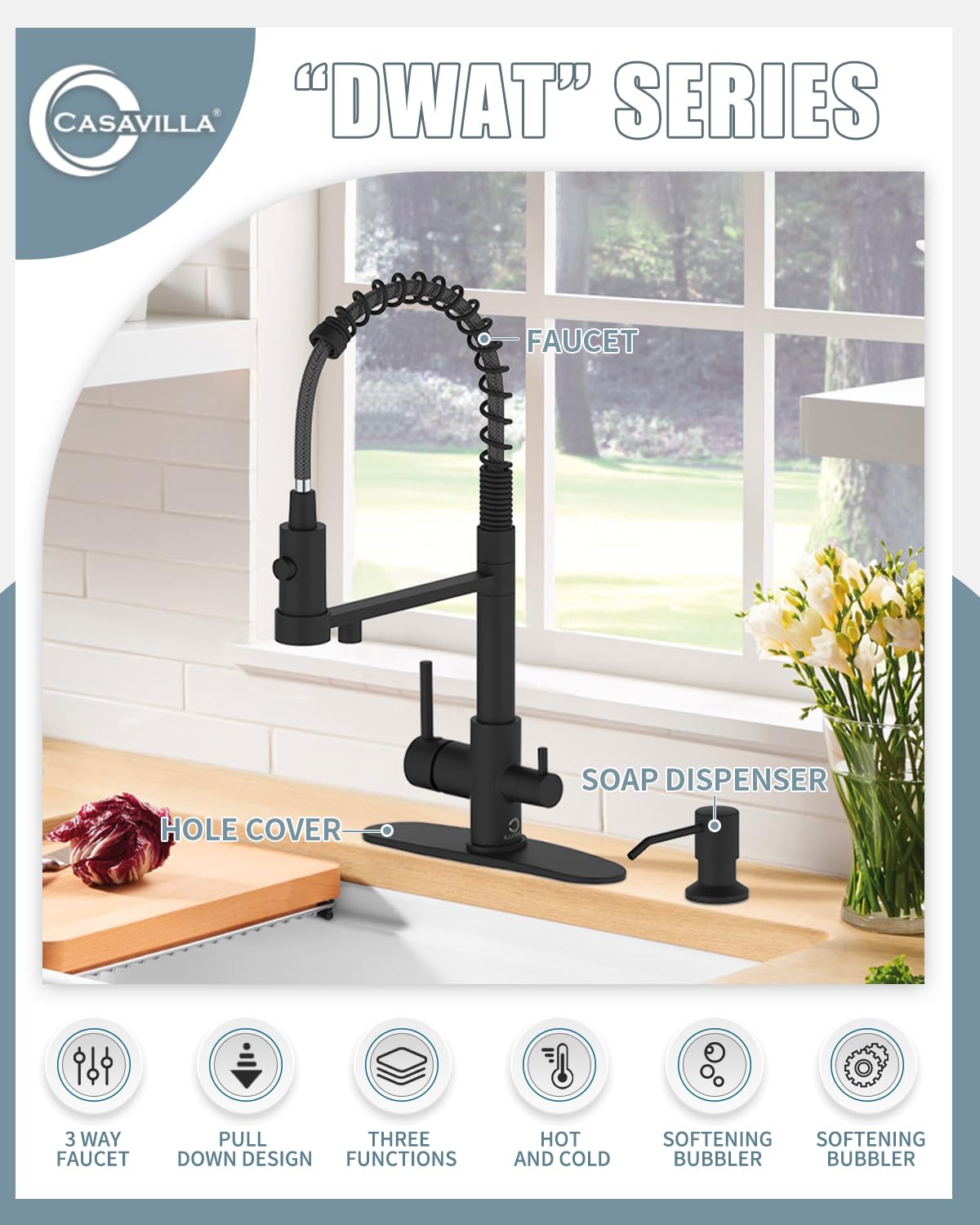 Black Kitchen Faucet with Soap Dispenser & Sprayer - 3-in-1 Water Filter Purifier Faucet for Sink, Brass Drinking Water RO Faucet - Perfect for Farmhouse, RV, Camper & Home Kitchen Use