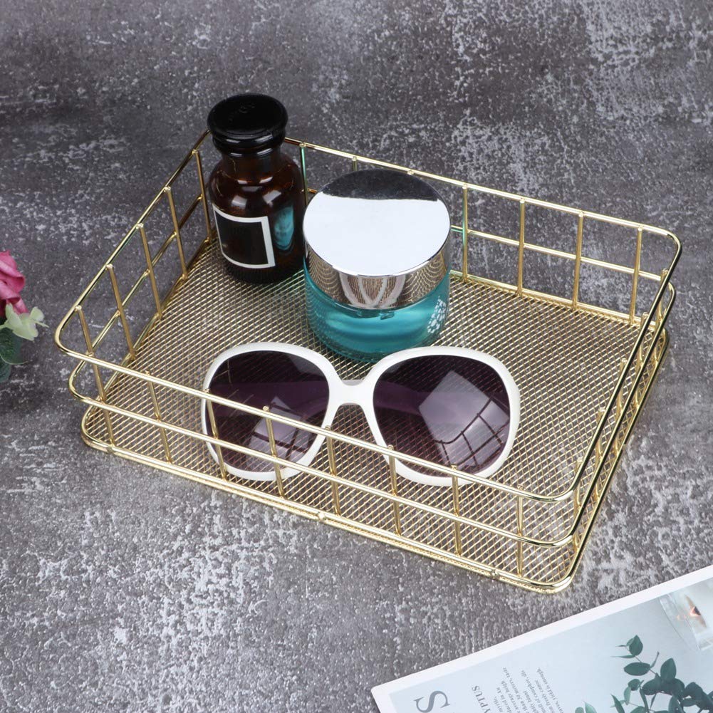 Golden Iron Storage Basket - Hollow Mesh Organizer for Home, Office & Bathroom Storage