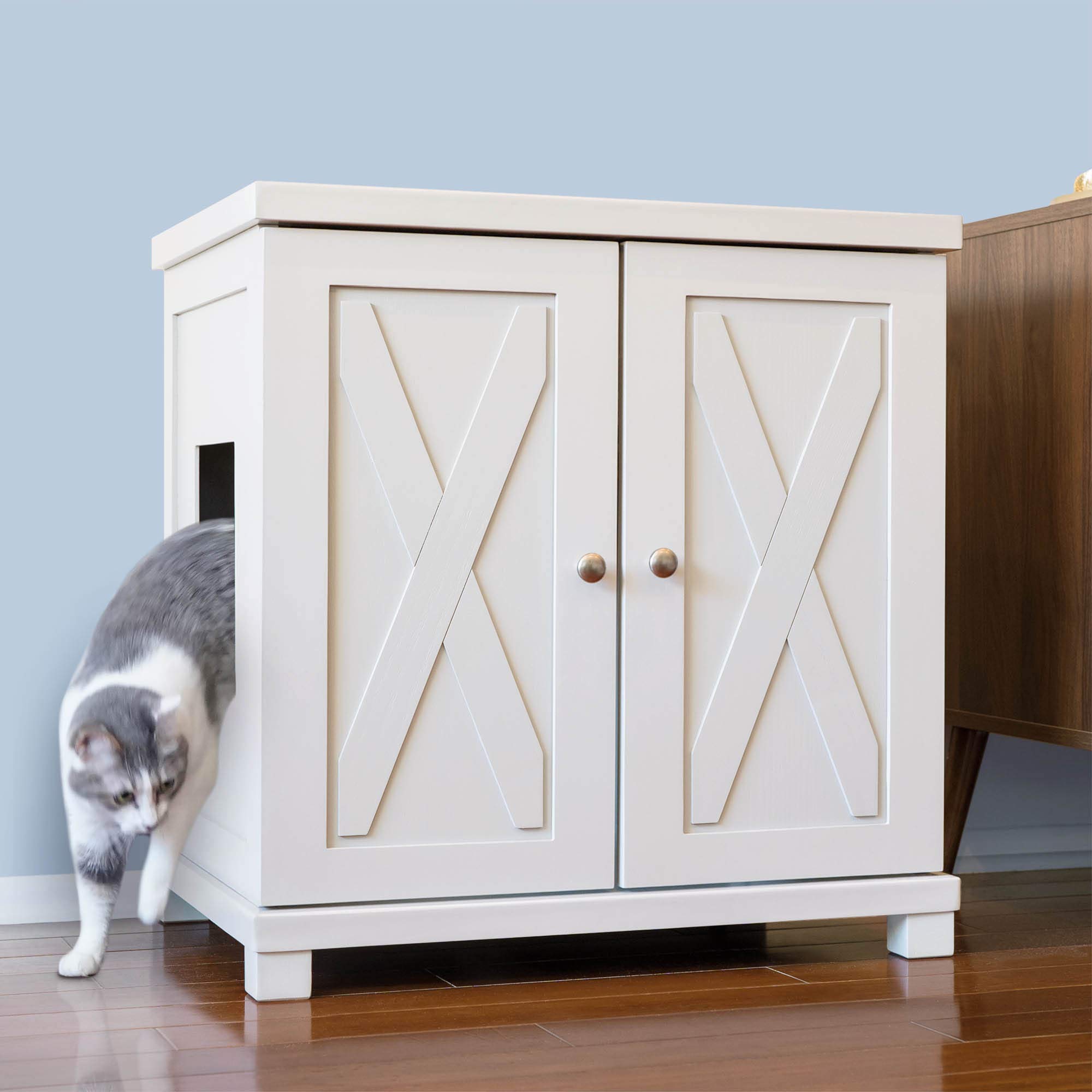 Premium Farmhouse White Cat Litter Box Enclosure Cabinet - Large Hidden Litter Box Furniture with Drawer for Odor Control | Perfect for Small Spaces & Home Decor