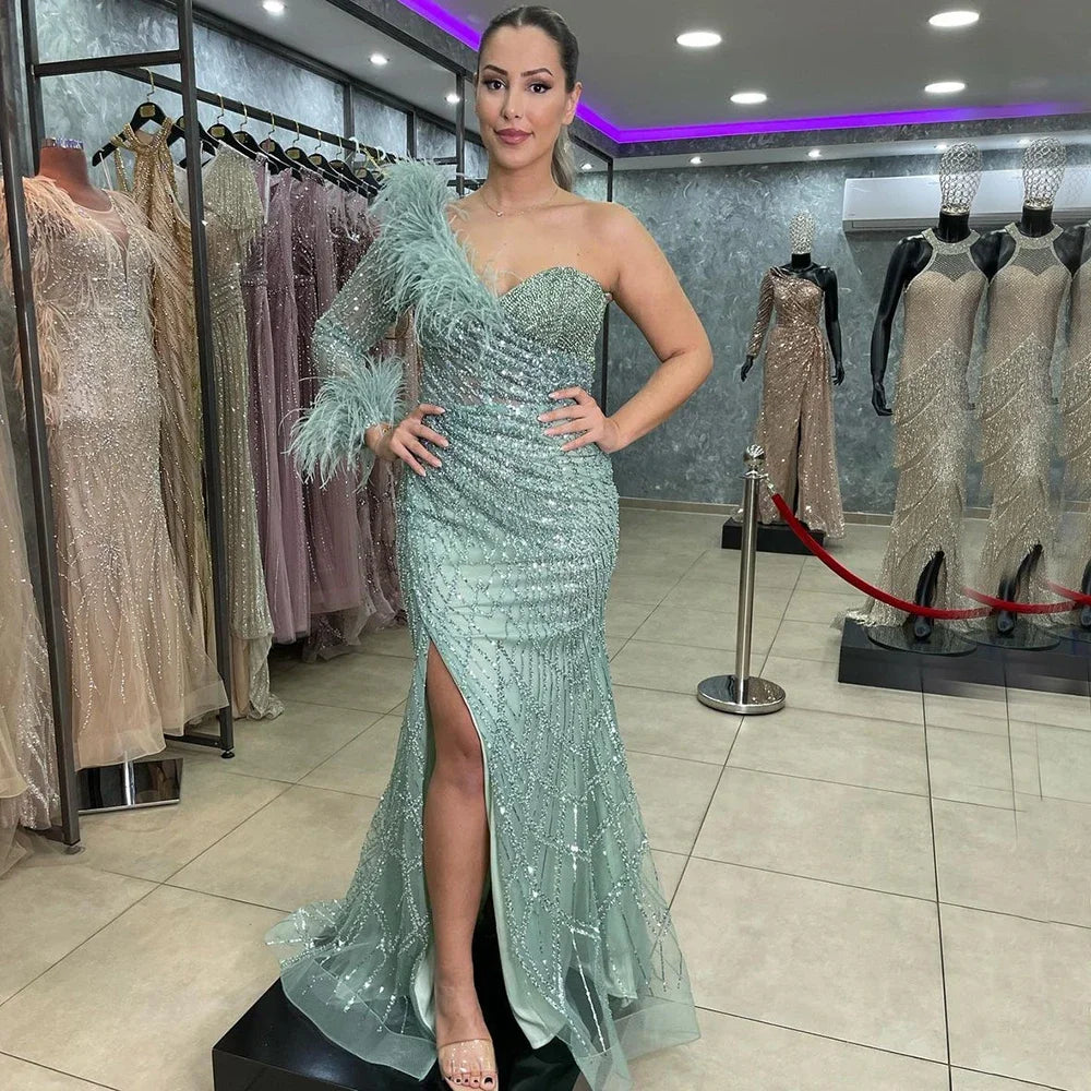Elegant Blue One Shoulder Mermaid Evening Dress with Beaded Feather Details - Luxury Women's Formal Gown for Prom, Wedding & Special Occasions - Serene Hill Collection LA71612
