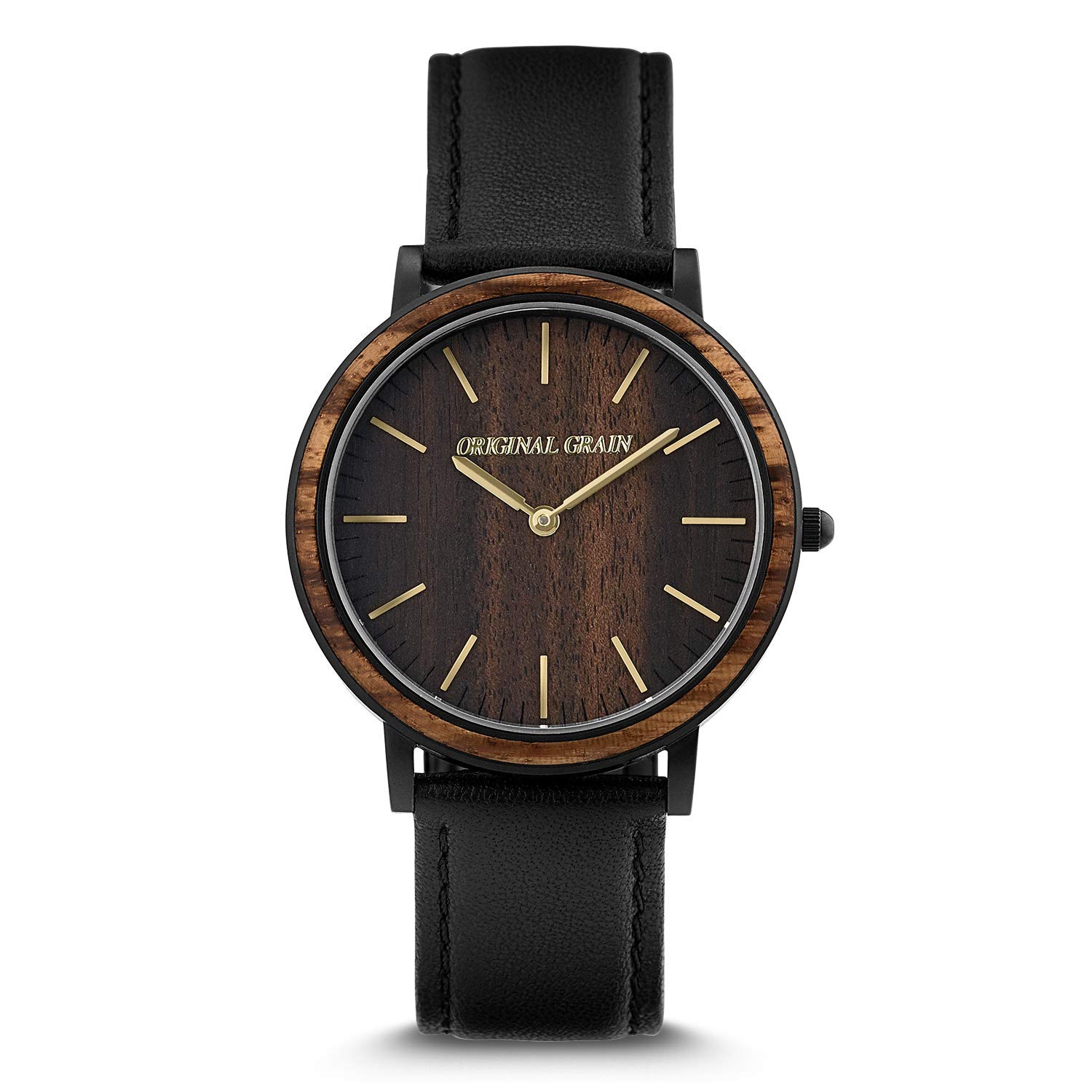 Original Grain Ebony Gold Wood Watch for Men - Minimalist Analog Watch with Japanese Quartz Movement - 40MM Wood & Matte Black Stainless Steel Water Resistant Wristwatch - Perfect for Business, Casual Wear & Outdoor Activities