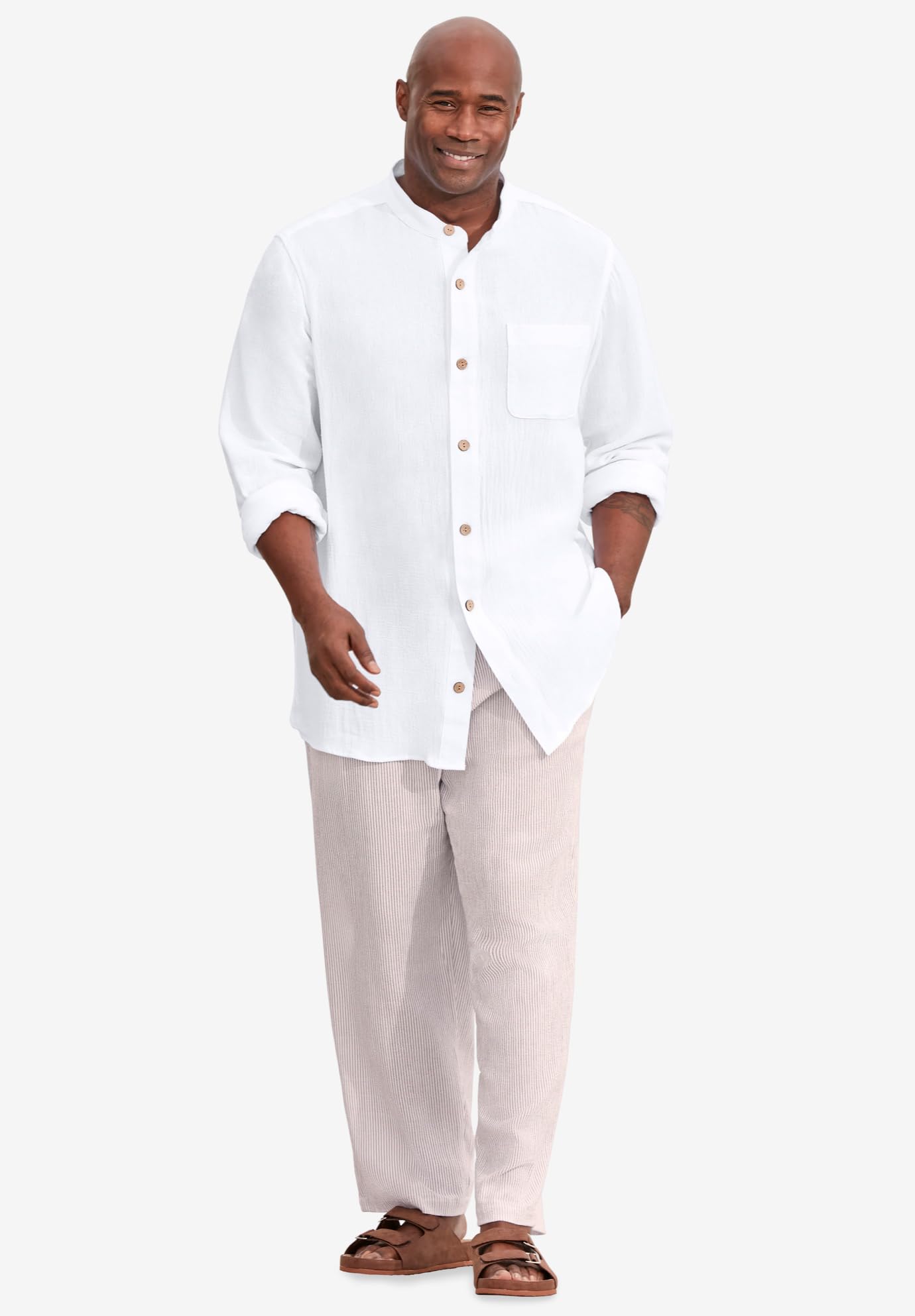 KingSize Men's Big & Tall Gauze Mandarin Collar Shirt - Breathable Summer Casual Button Down for Plus Size Men - Perfect for Beach, Vacation, Outdoor & Office Wear | Lightweight Linen Shirt for Hot Weather, Business Casual & Travel Outfits