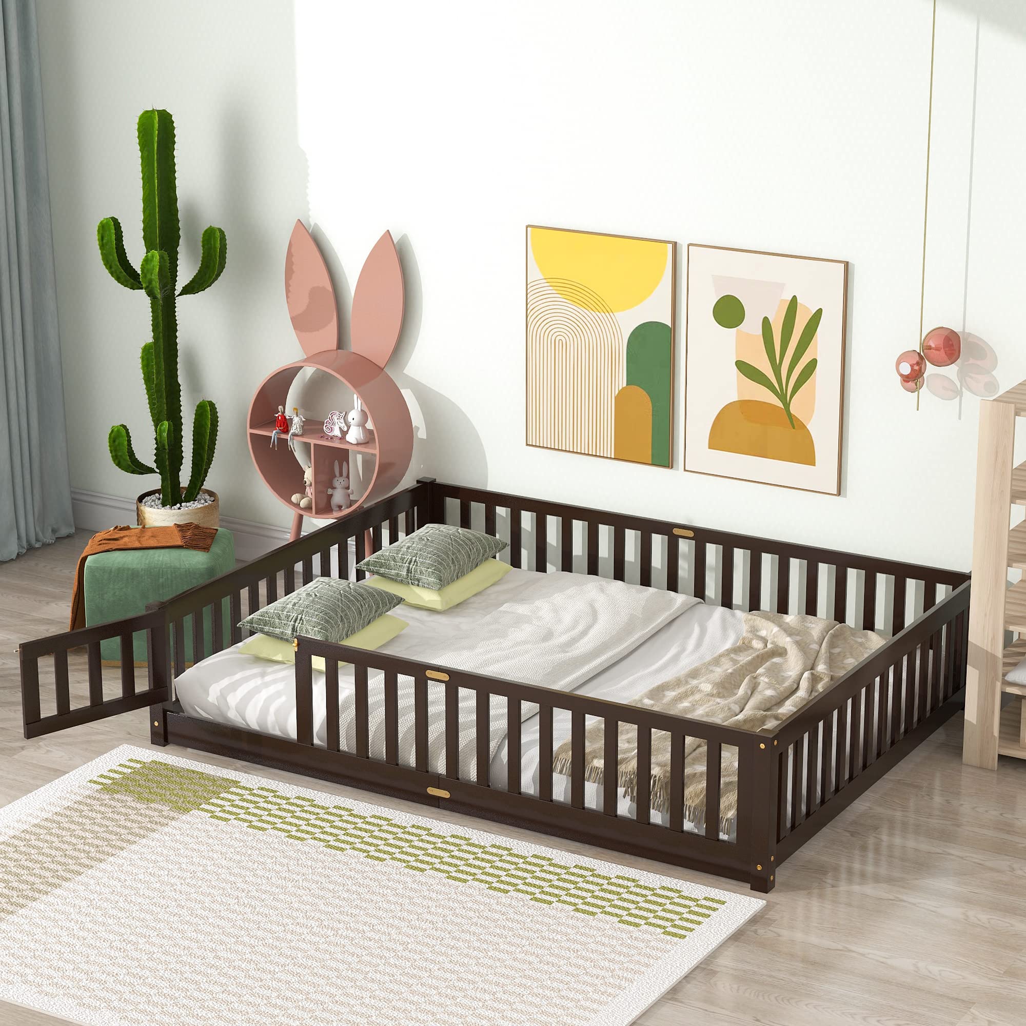 Queen Size Montessori Floor Bed Frame for Kids - Sturdy Wooden Playhouse Bed with Safety Fence Railings & Support Slats - No Box Spring Needed - Espresso Finish - Perfect for Boys & Girls Bedrooms, Playrooms, and Montessori Learning Spaces