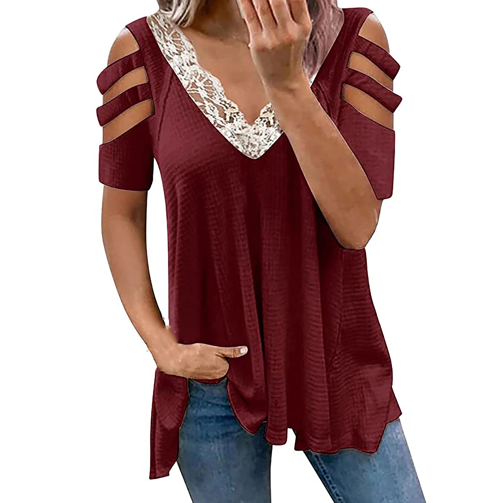 Women's Cold Shoulder Tops - V Neck Summer Blouses with Zipper Detail | Short Sleeve Loose Tunic T-Shirts for Casual Wear, Date Night & Beach Outfits