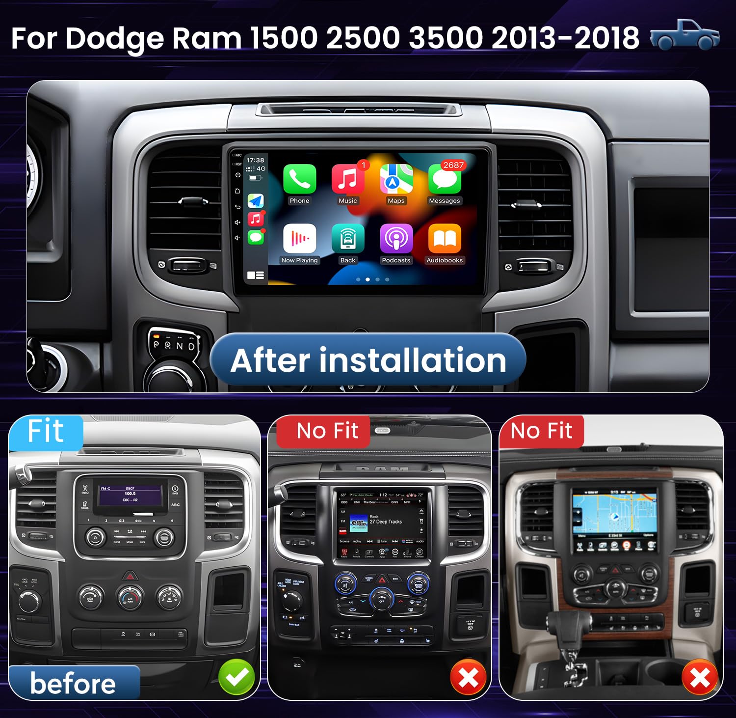 5G WiFi Car Stereo Radio for Dodge Ram 1500/2500/3500 (2013-2018) - Wireless Apple CarPlay & Android Auto - 4GB RAM 32GB ROM - 7