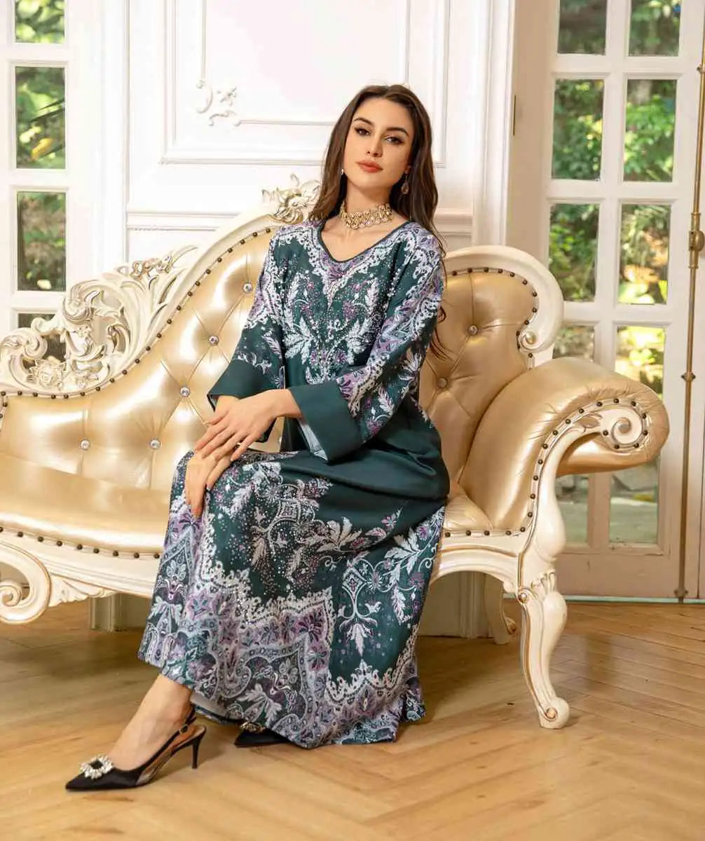 Hotfix Rhinestone Eid Caftan Dress for Women - Elegant Kaftan Jalabiya for Parties, Weddings & Special Occasions