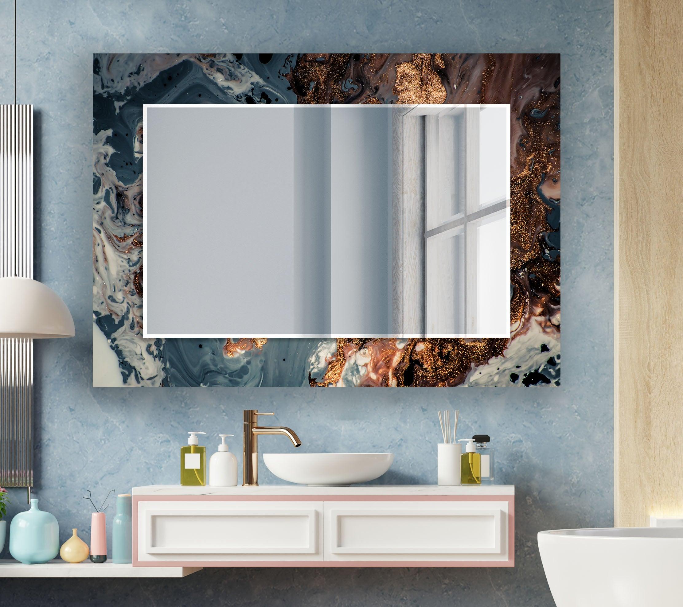 Blue Abstract Wall Mirror with Bronze Details - Modern Decorative Mirror for Living Room, Bedroom, or Entryway