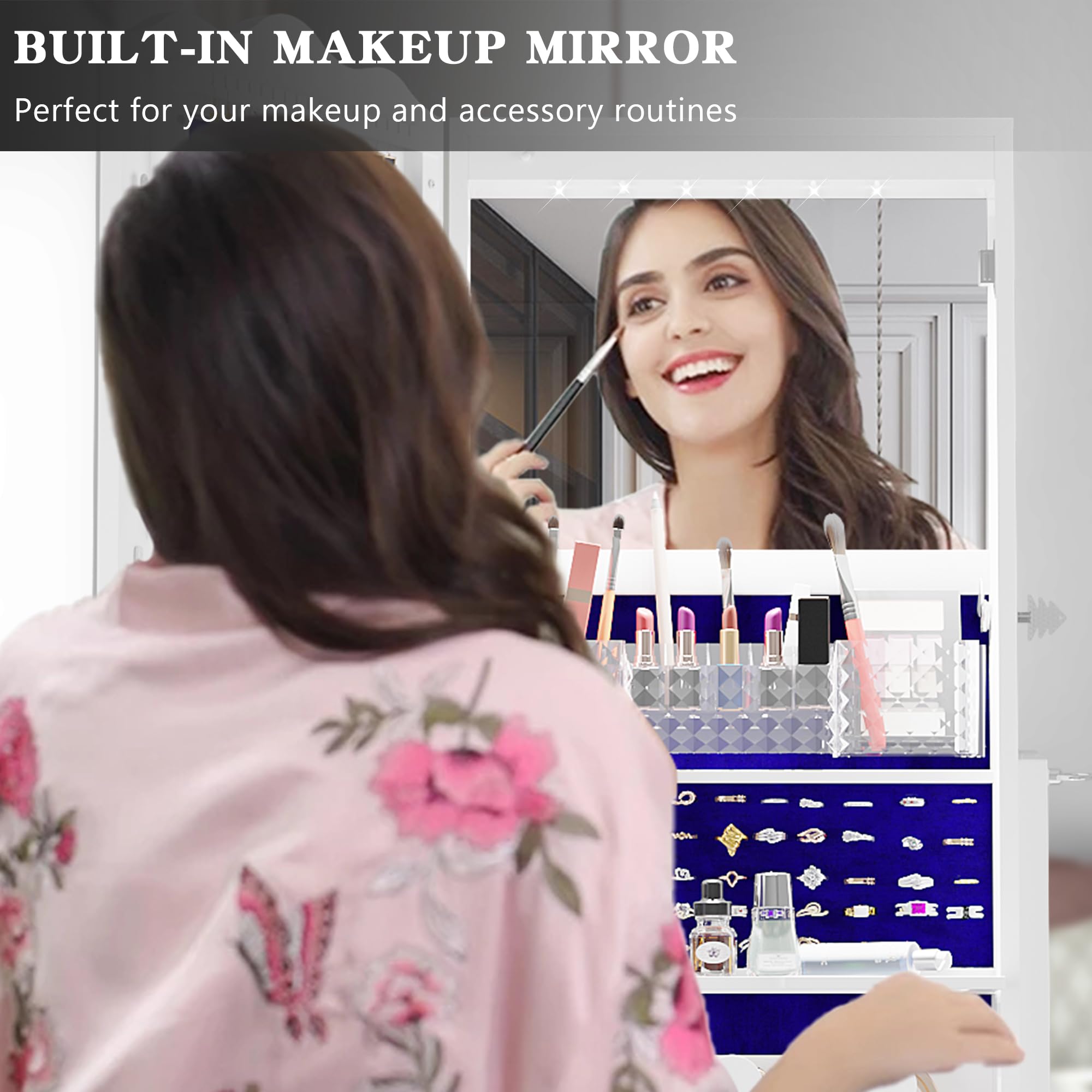 360° Rotating Jewelry Armoire with Full Length Mirror - Large Capacity Jewelry Organizer with LED Lights & Lock - Floor Standing Mirror with Storage Shelves for Necklaces, Rings & Accessories - Perfect for Bedroom, Closet & Dressing Room (White)