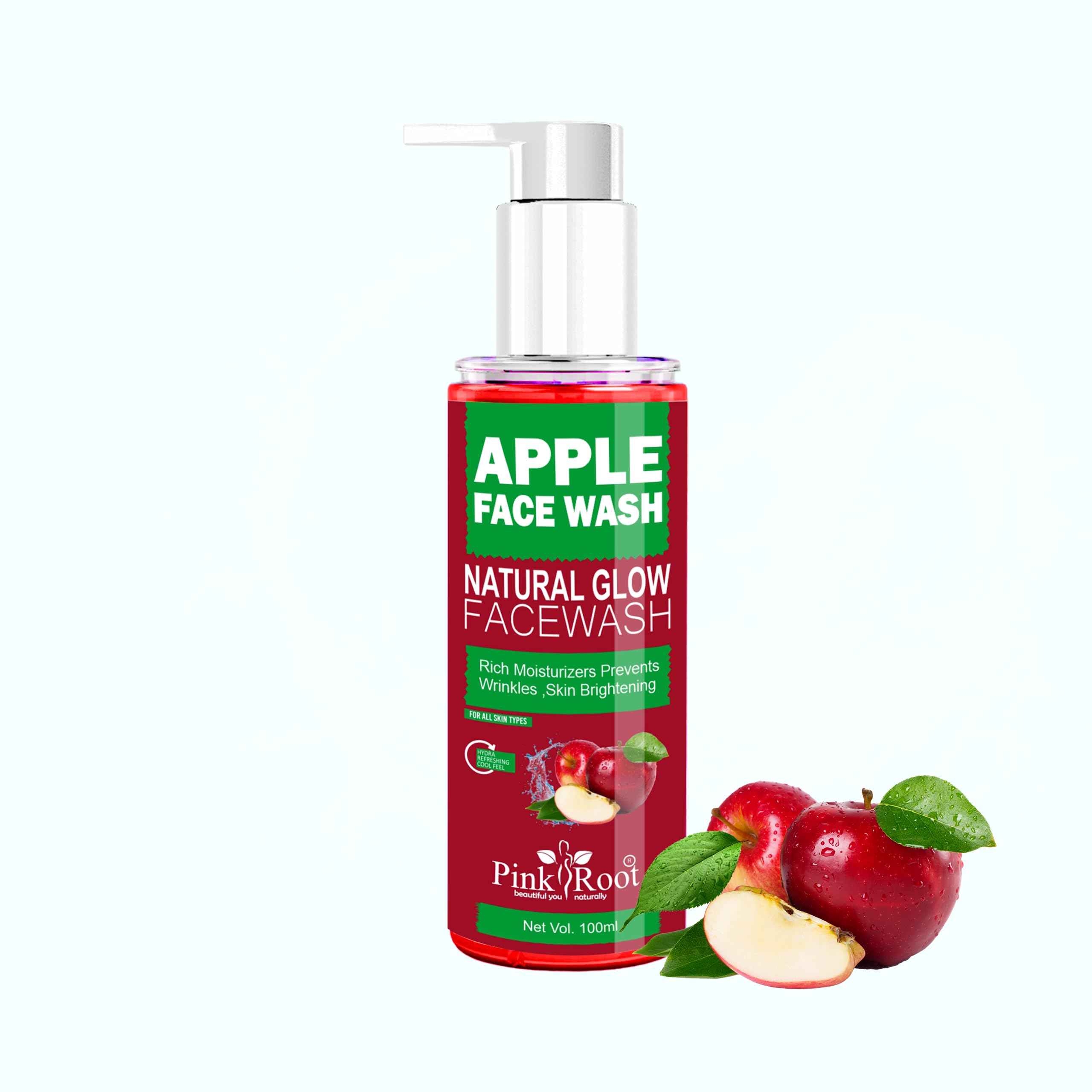 PINK ROOT Apple Oil Balancing Face Wash Gel - Deep Pore Cleansing & Moisturizing Daily Facial Cleanser for Men, Women & Teens (100ml) | Gentle Exfoliation for Oily, Dry & Combination Skin | Perfect for Morning & Night Skincare Routine