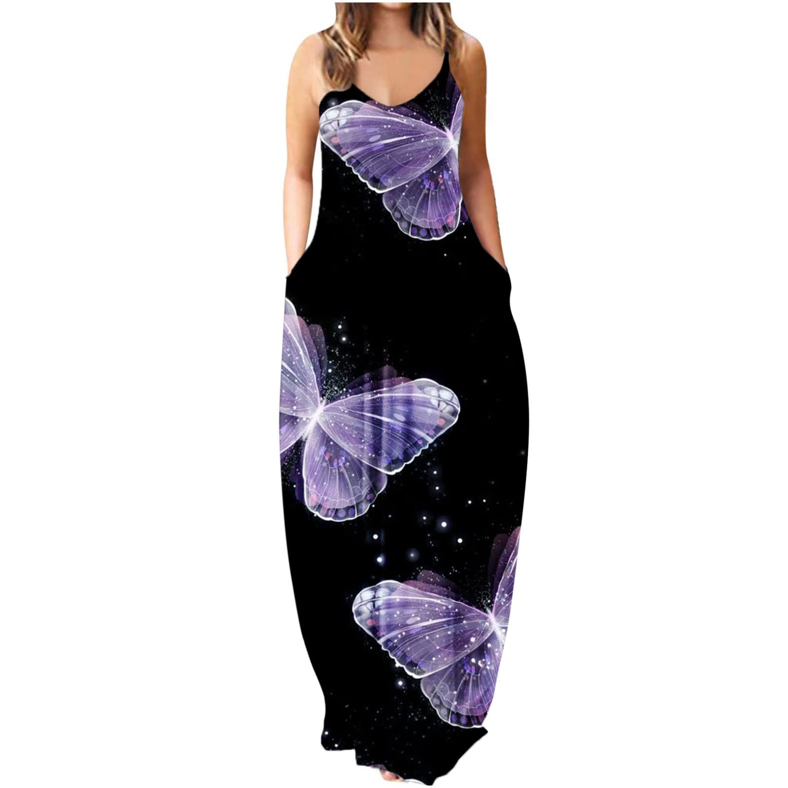 Women's Sleeveless Butterfly Print Maxi Dress - Summer Long Boho Sundress for Beach Holiday & Casual Outfits | Perfect for Vacations, Parties & Everyday Wear