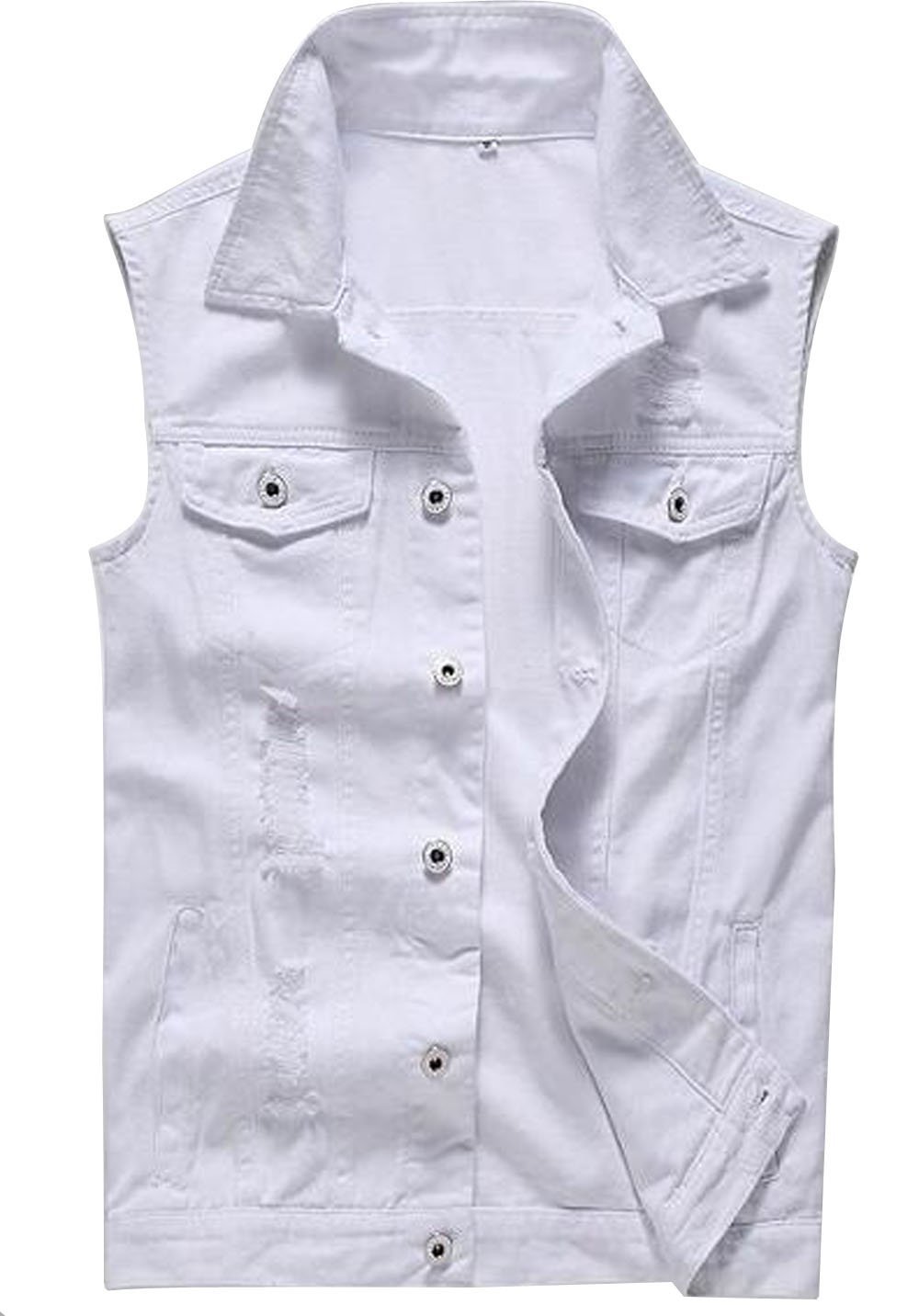 Faith Men's White Distressed Denim Vest - Sleeveless Jacket with Ripped Holes (Medium) - Perfect for Casual Outfits, Summer Streetwear & Layering Looks