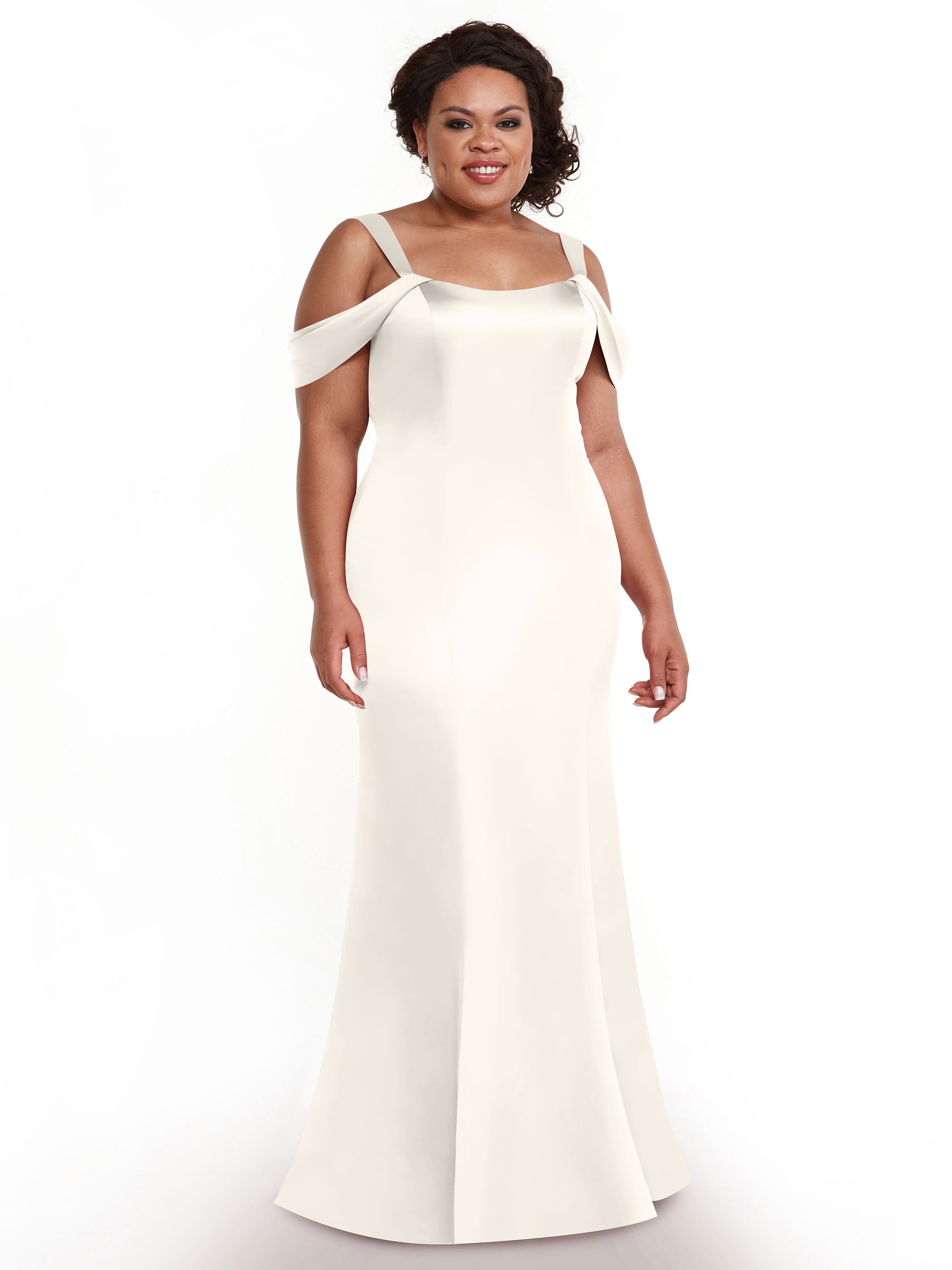 Elegant 80151 Fitted Satin Bridesmaid Dress with Off-The-Shoulder Sleeves - Perfect for Weddings, Formal Events & Special Occasions